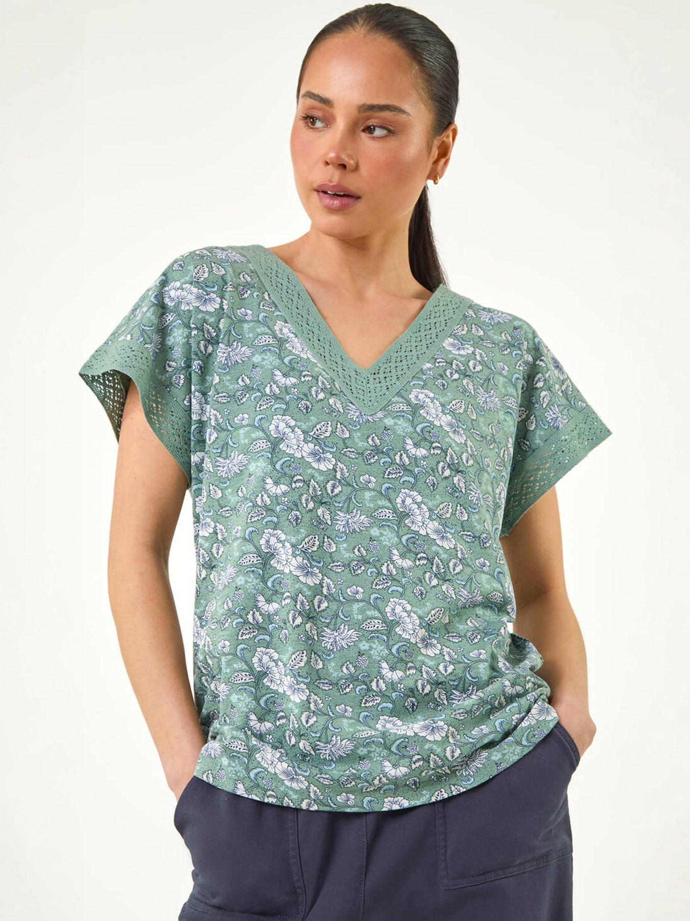 Roman Petite Lace Trim V-Neck Top, Green, Size 8, Women
