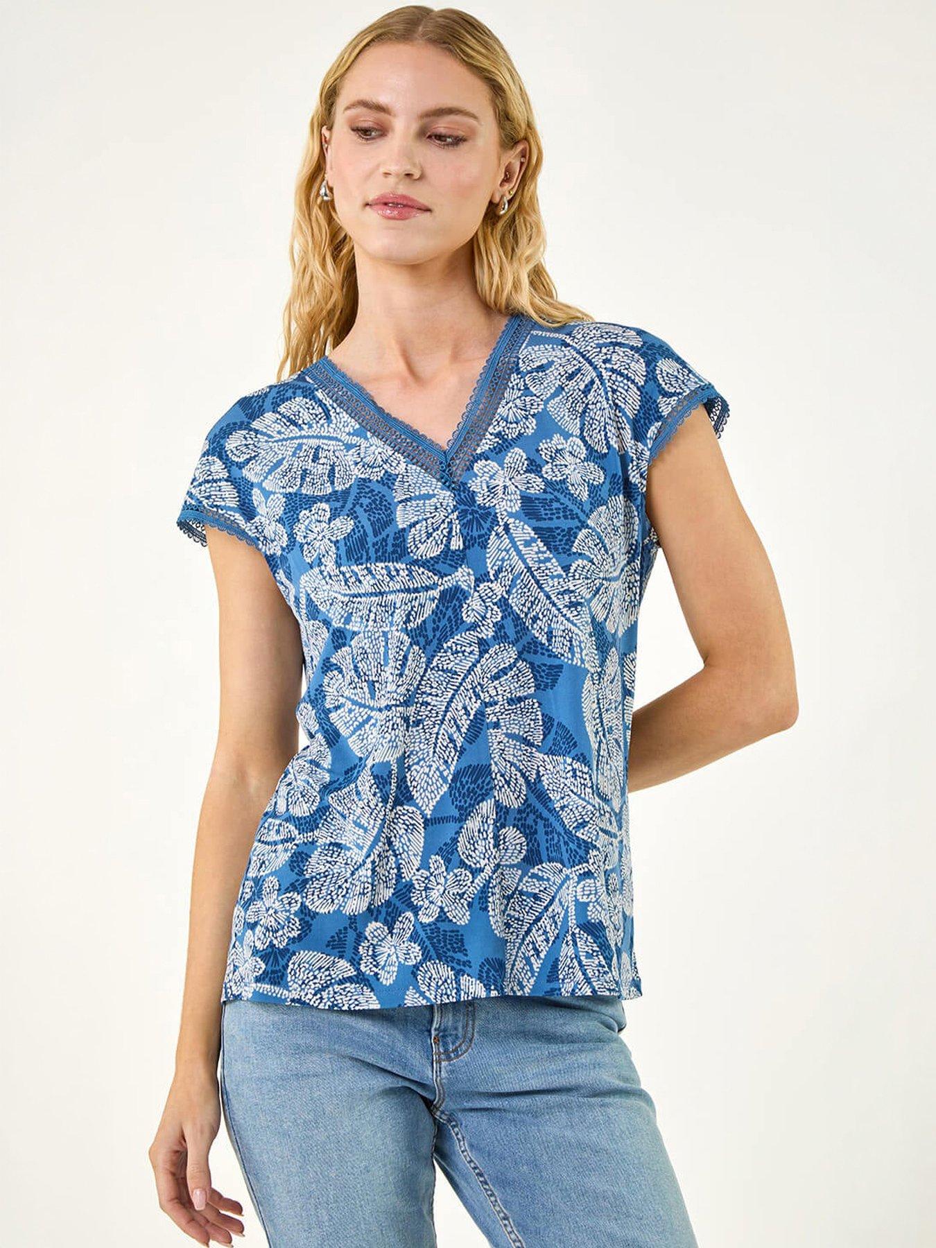Roman Leaf Print Lace Trim Top, Navy, Size 12, Women