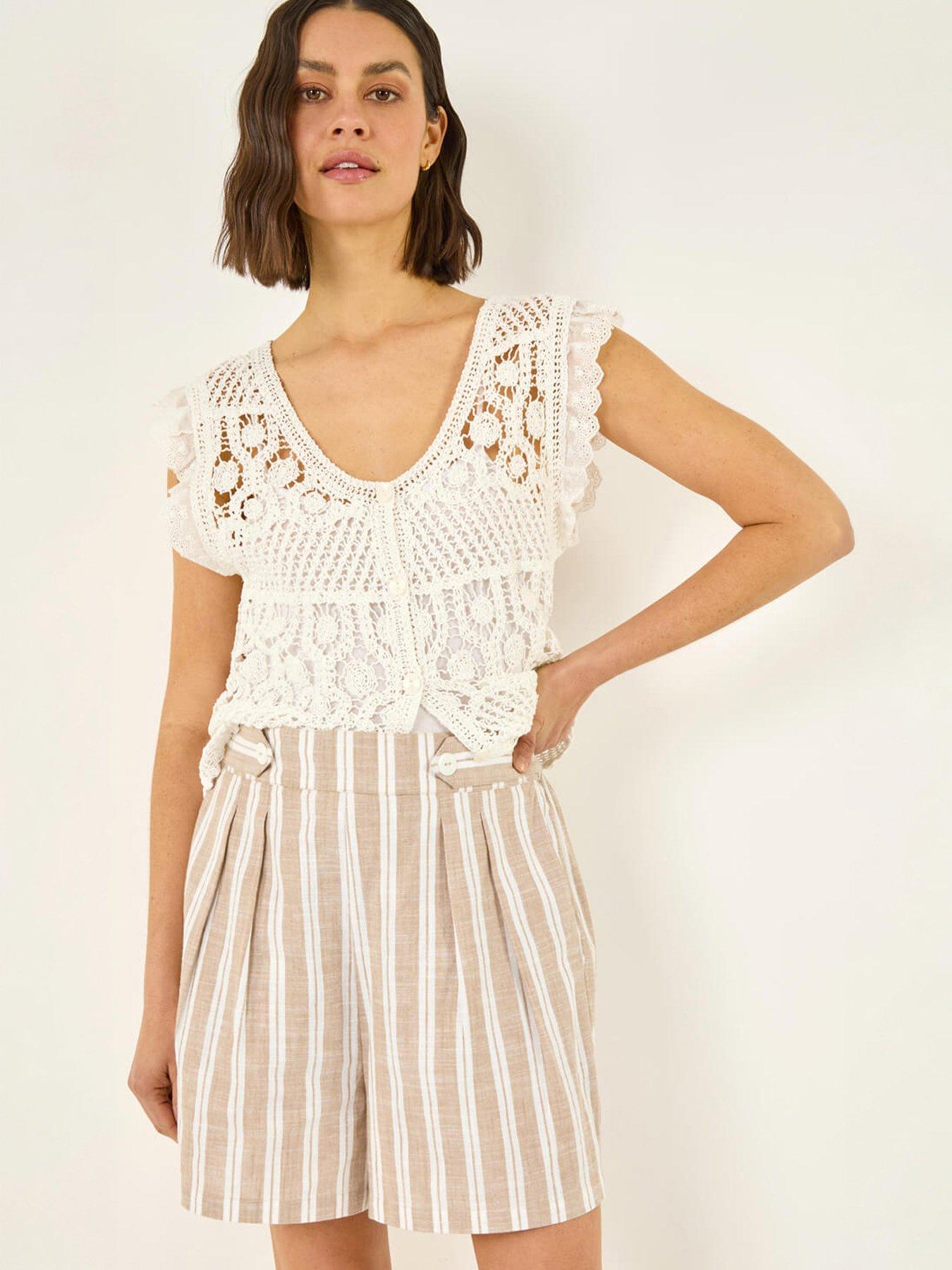 Roman Stripe Button Tab Shorts - Beige