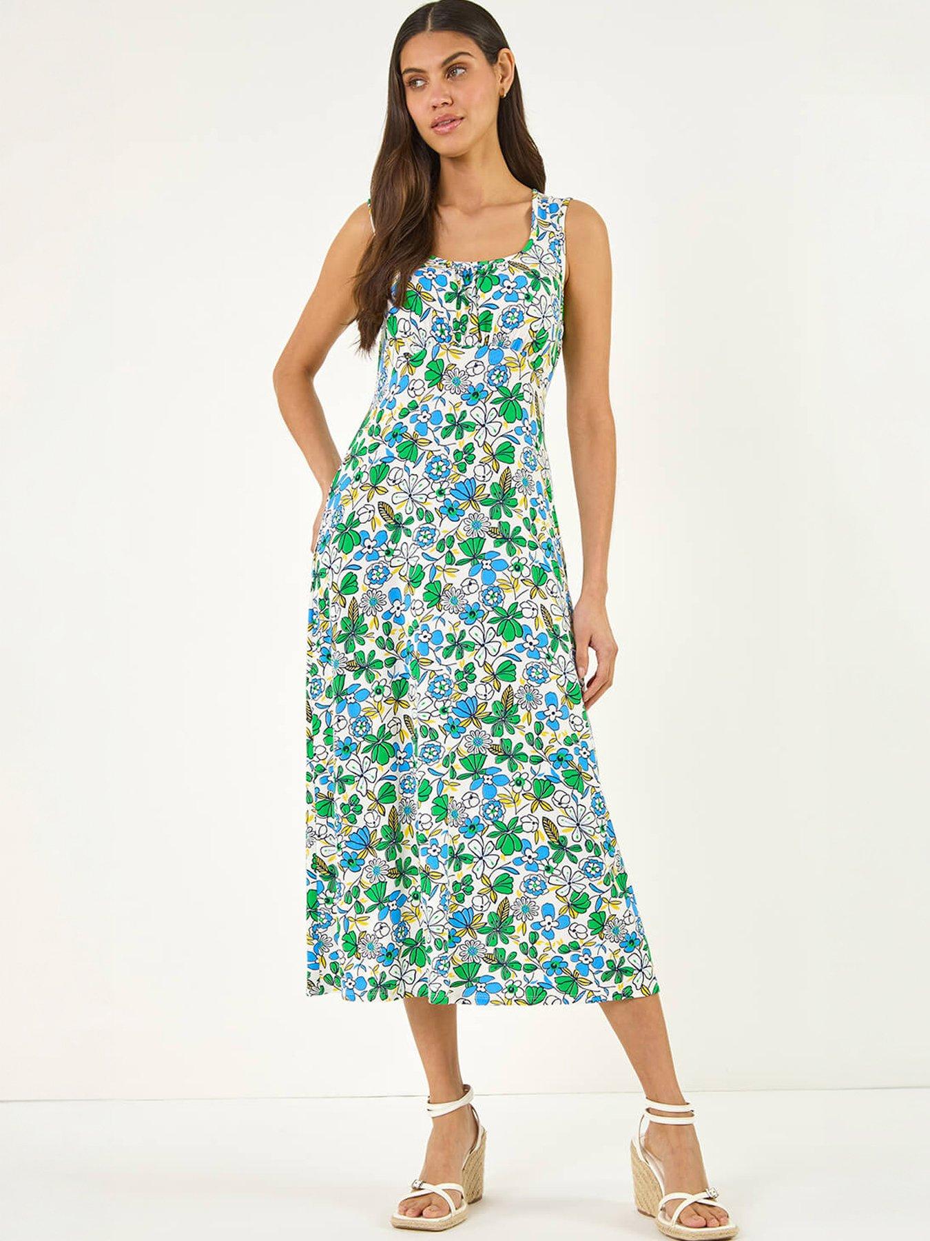 Roman Floral Empire Waist Stretch Midi Dress