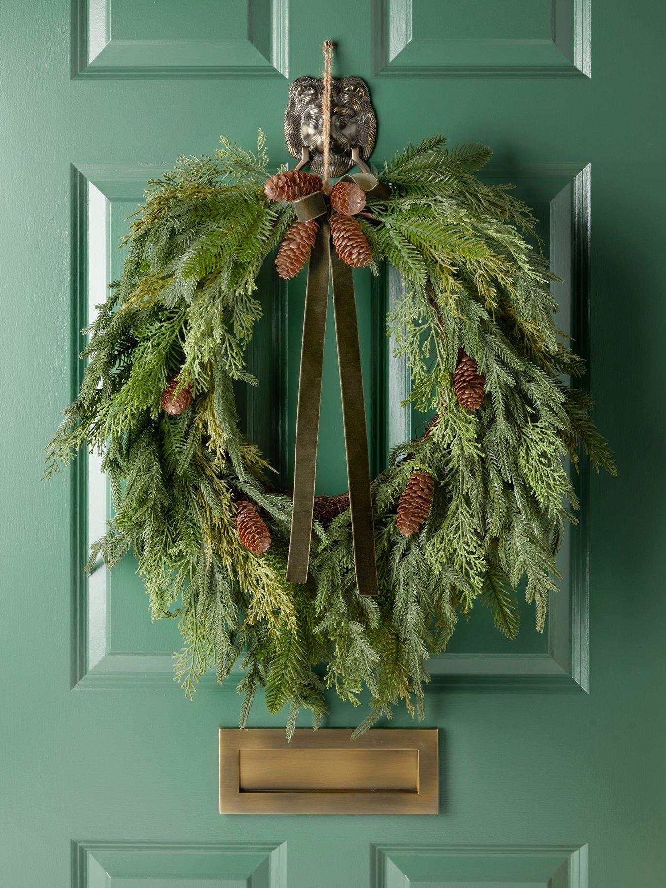 Image 1 of 4 of Scottish Everlastings Real Touch Foliage Heart Wreath With Green Velvet Bow -60cm
