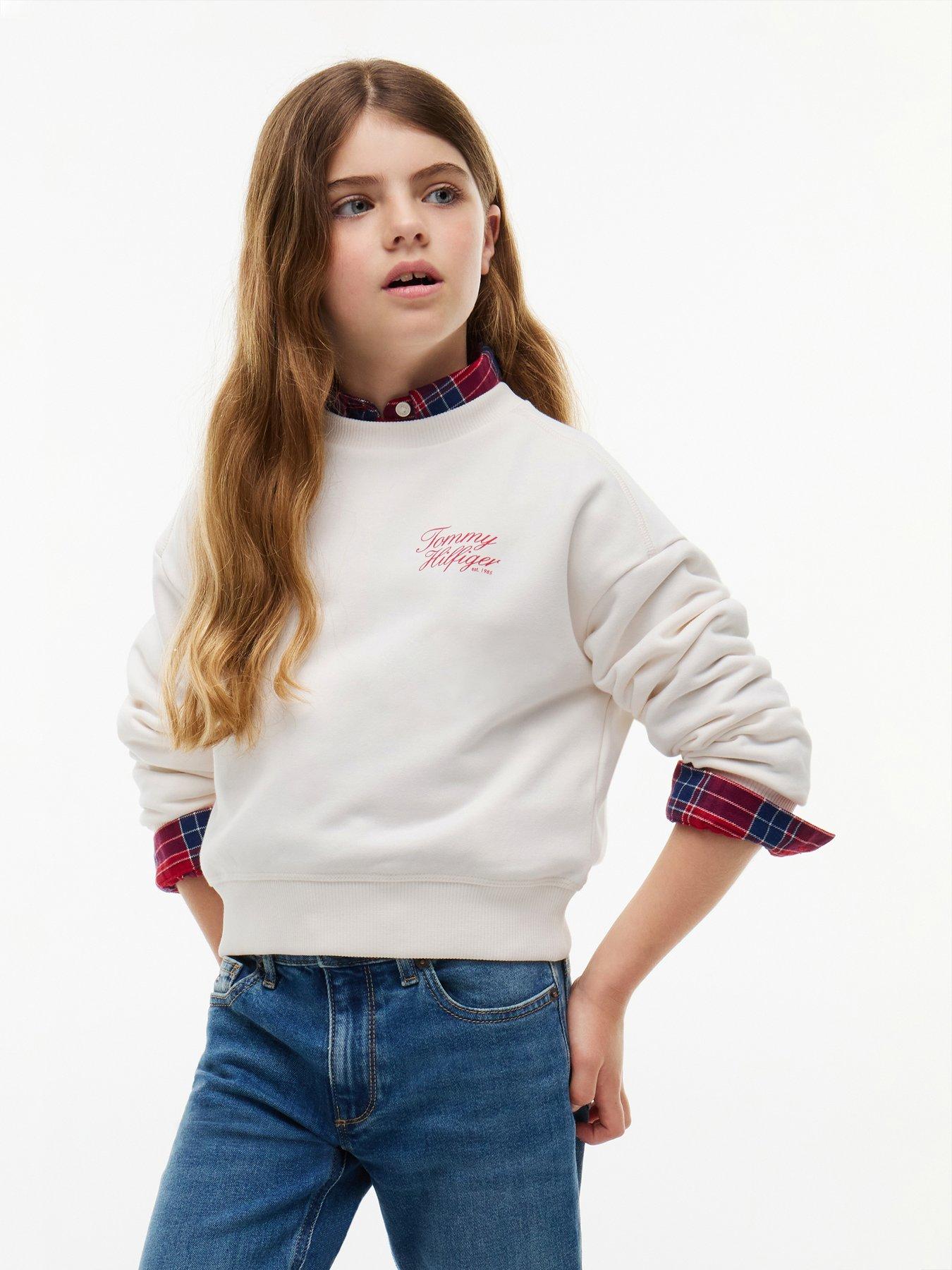 Tommy Hilfiger Girls Script Printed Sweatshirt, Off White, Size Age: 10 Years