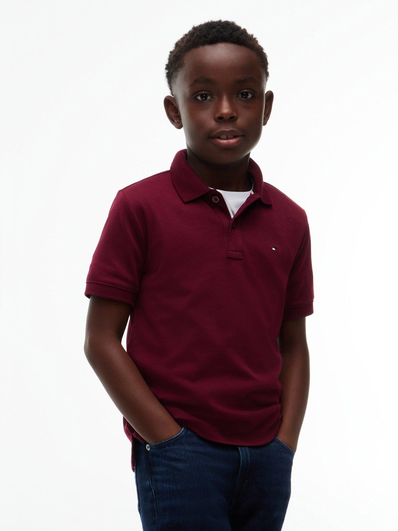 Tommy Hilfiger Boys Interlock Short Sleeve Polo Shirt, Dark Red, Size 10 Years