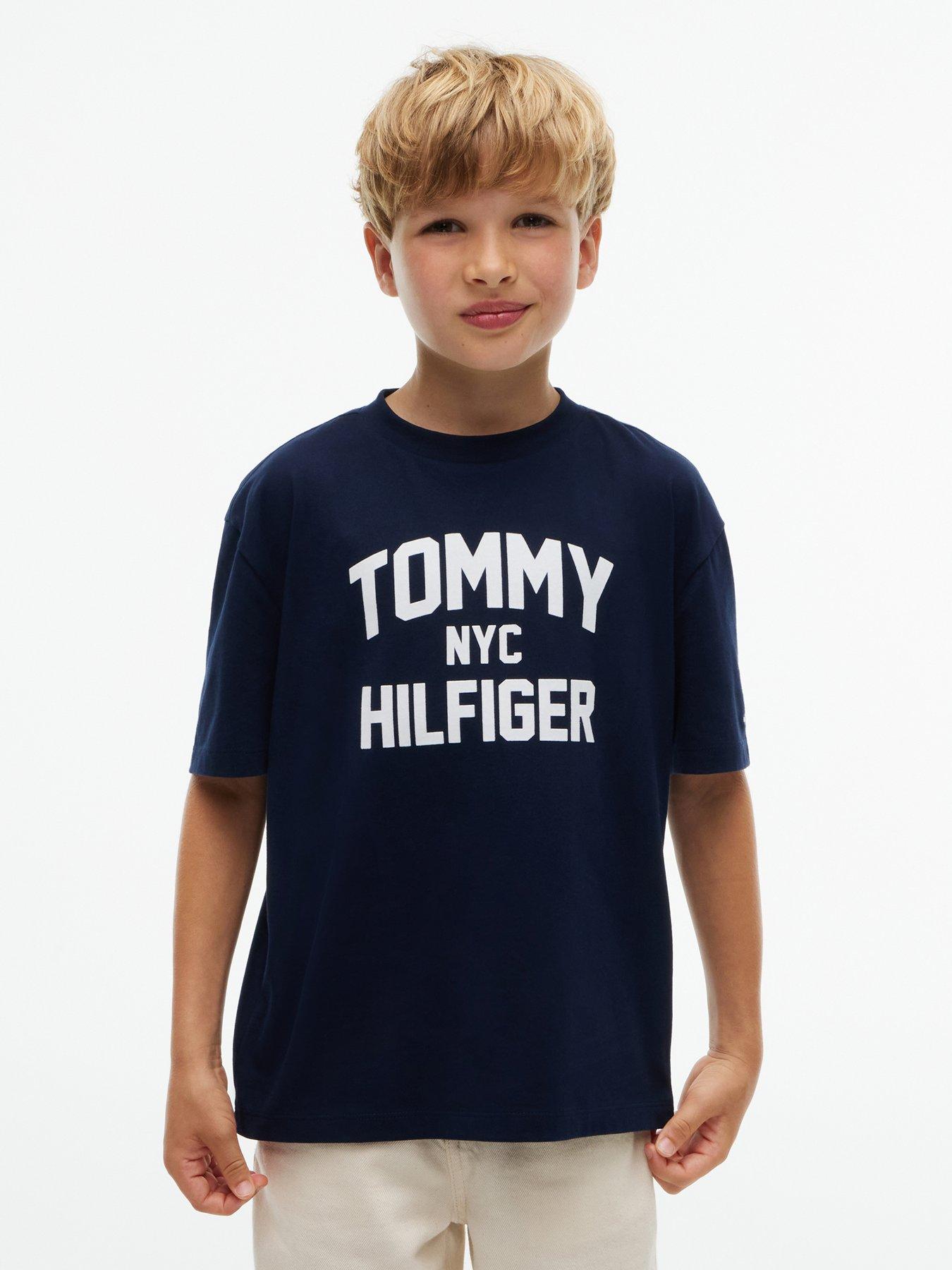 Tommy Hilfiger Boys Logo Print Loose Fit T-Shirt, Dark Blue, Size 4 Years
