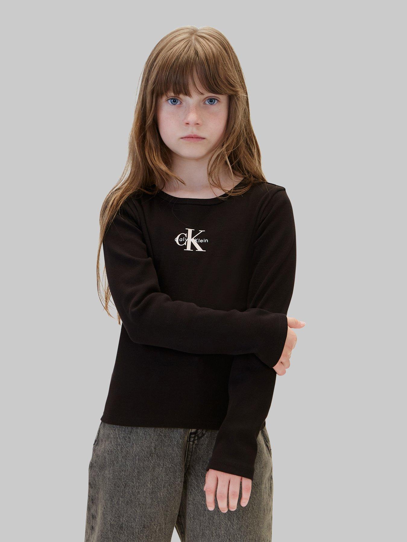 Image 1 of 6 of Calvin Klein Jeans Girls Monologo Rib Long Sleeve T-Shirt - Black
