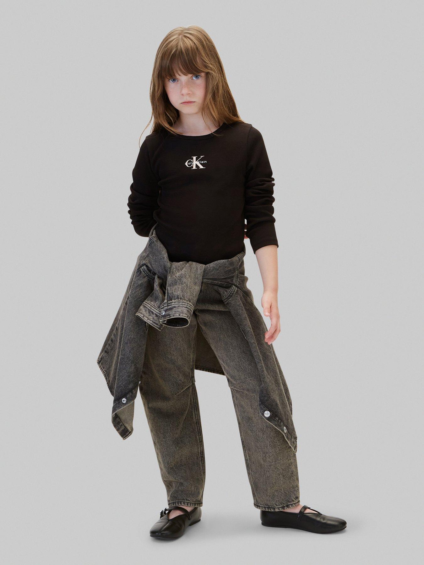 Image 4 of 6 of Calvin Klein Jeans Girls Monologo Rib Long Sleeve T-Shirt - Black