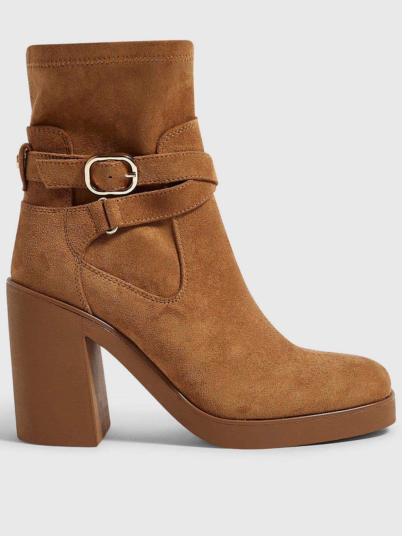 Image 1 of 5 of River Island Womens Chunky Block Heel Buckle Ankle Boots - Tan
