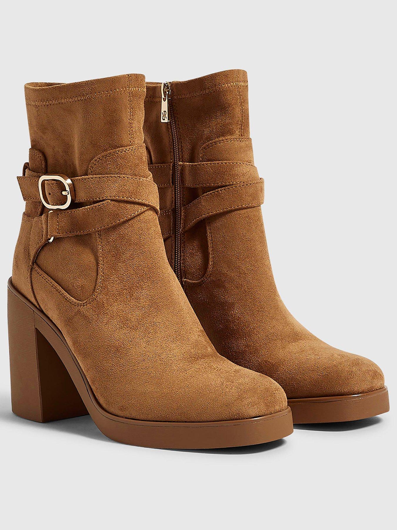 Image 2 of 5 of River Island Womens Chunky Block Heel Buckle Ankle Boots - Tan