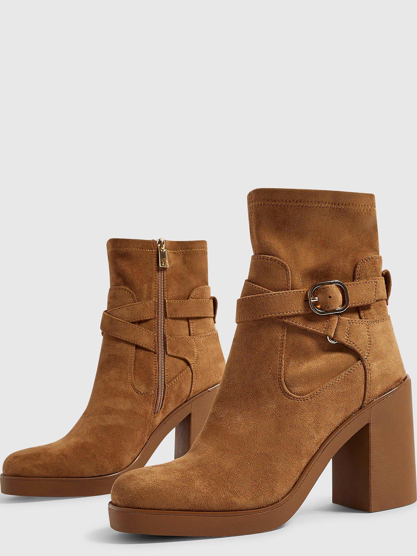 Image 4 of 5 of River Island Womens Chunky Block Heel Buckle Ankle Boots - Tan