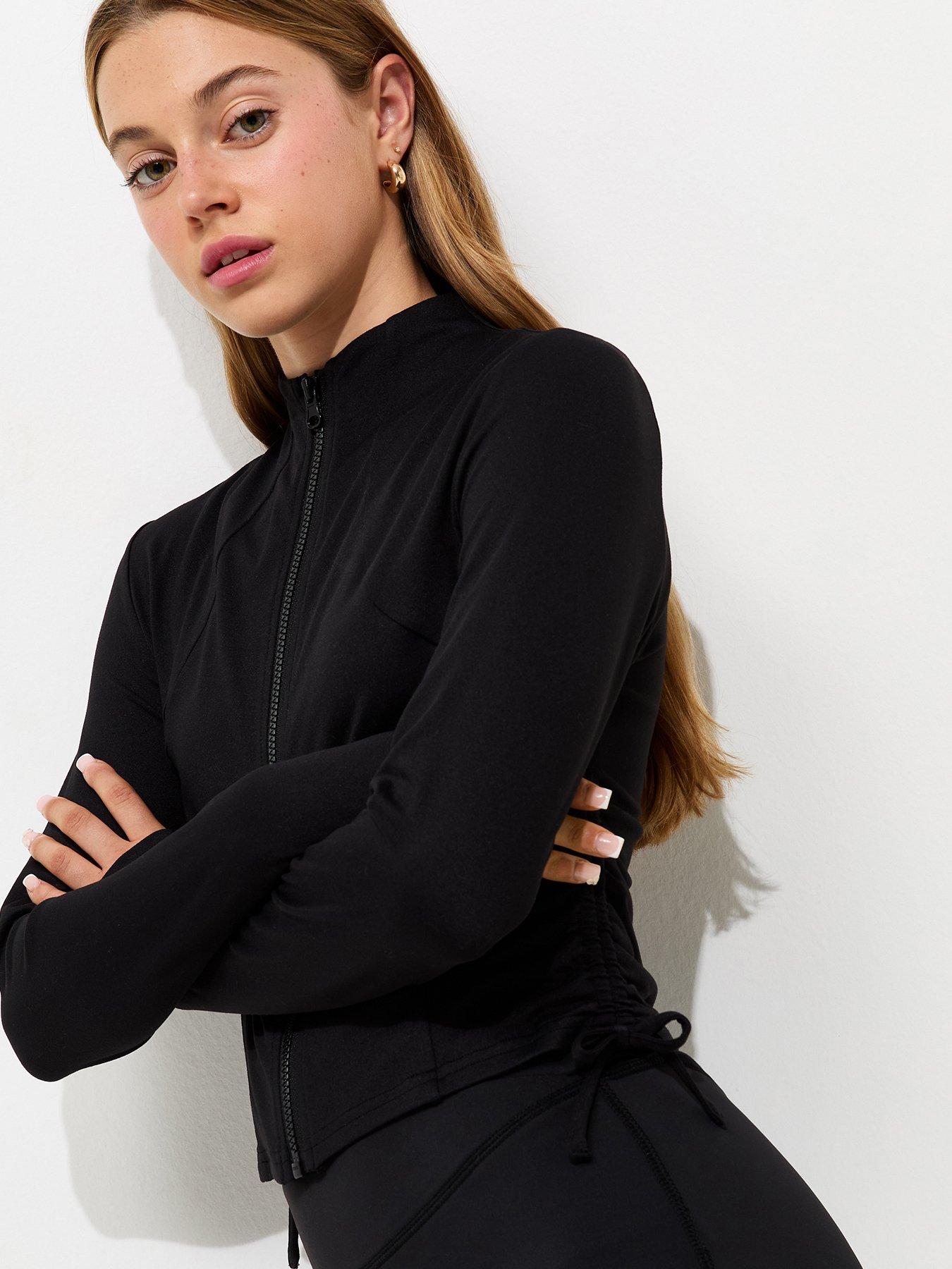 Image 4 of 5 of New Look 915 Zip Through Ruched Side Seam Hoodie - Black