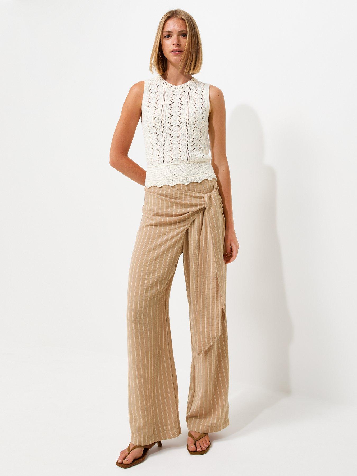 New Look Camel Striped Wrap Front Wide Leg Trousers - Brown