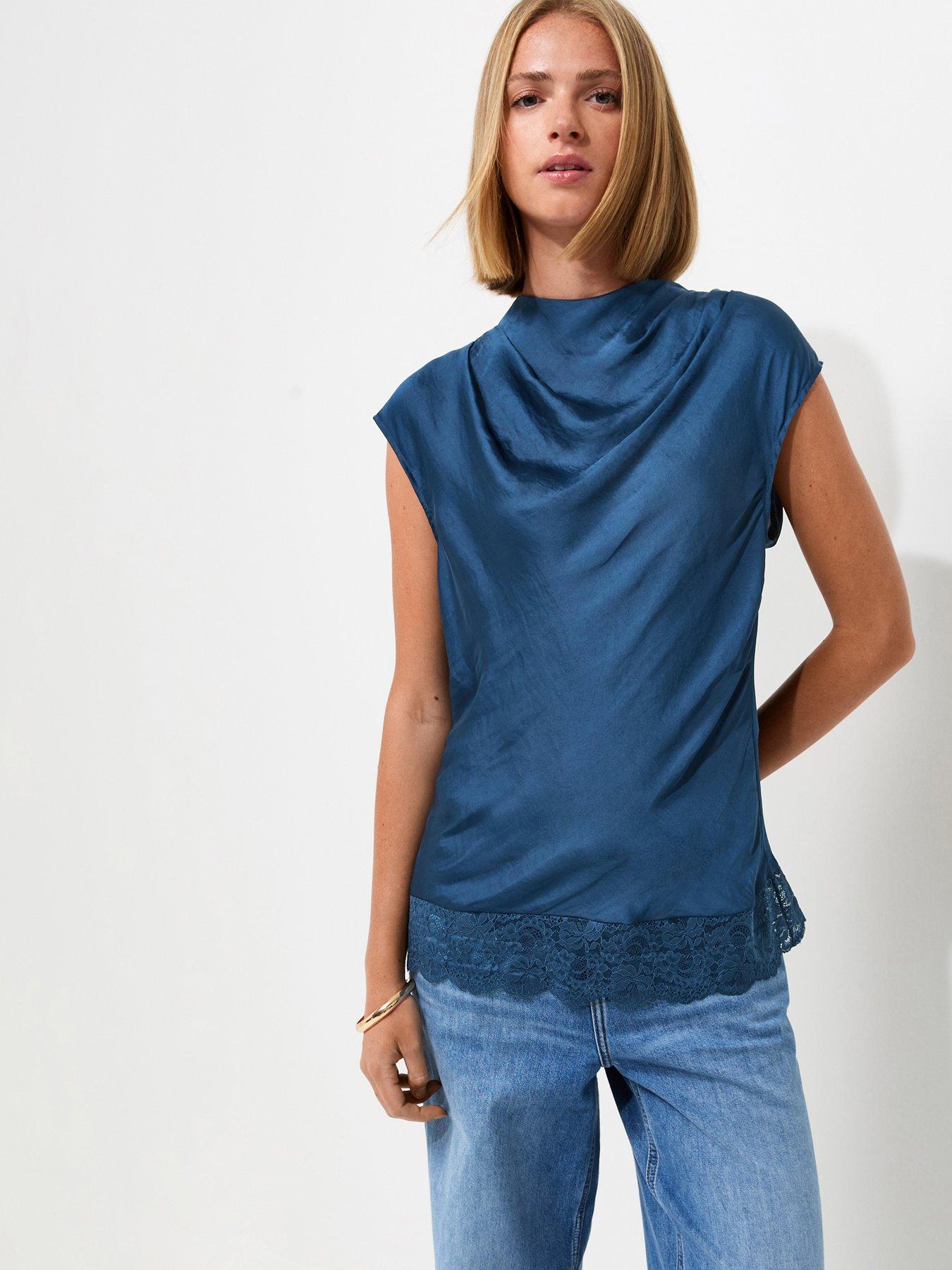 New Look Navy Satin Cowl Neck Lace Hem Top
