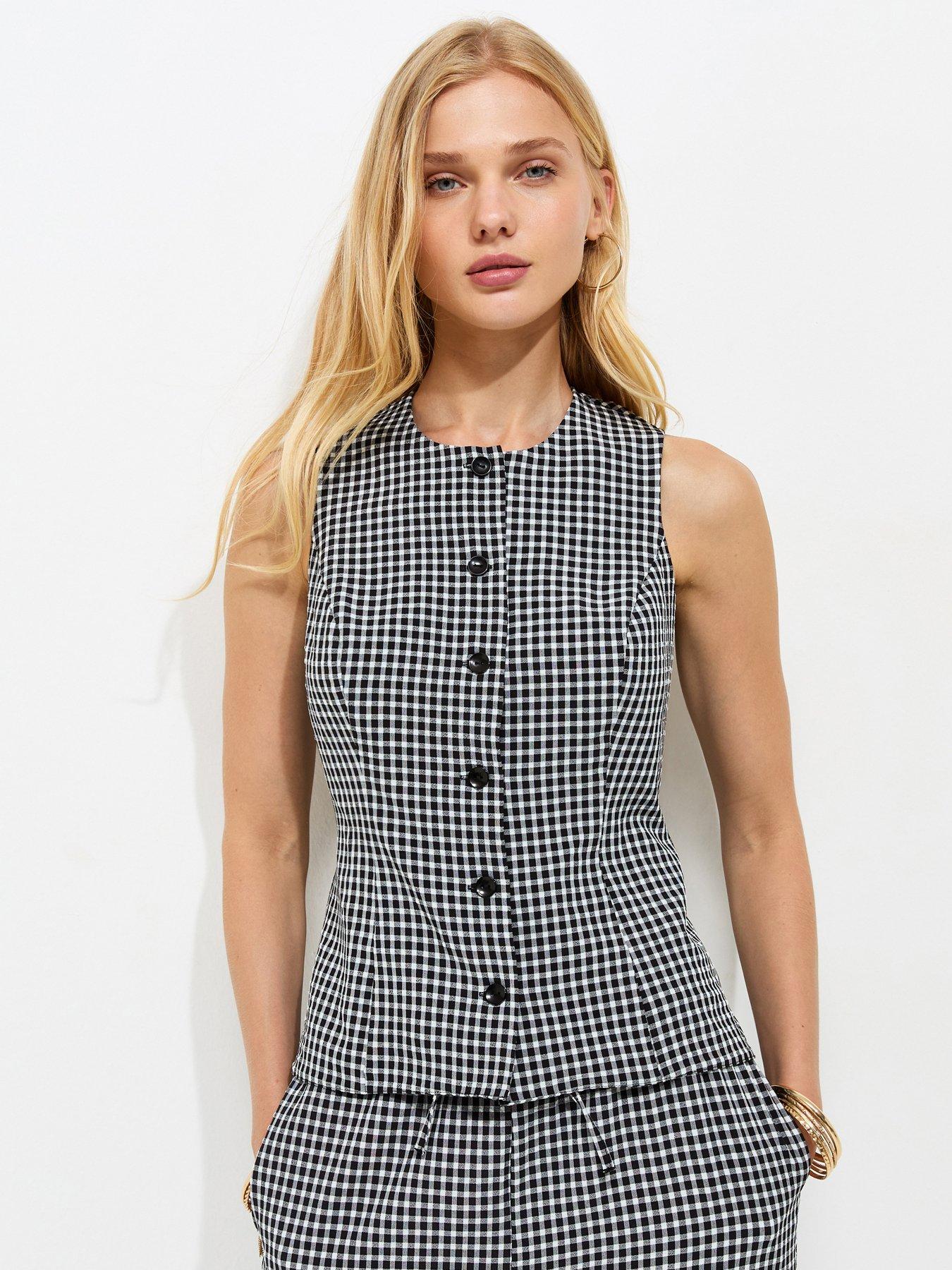 Image 1 of 5 of New Look Gingham Print Button Front Waistcoat - Black