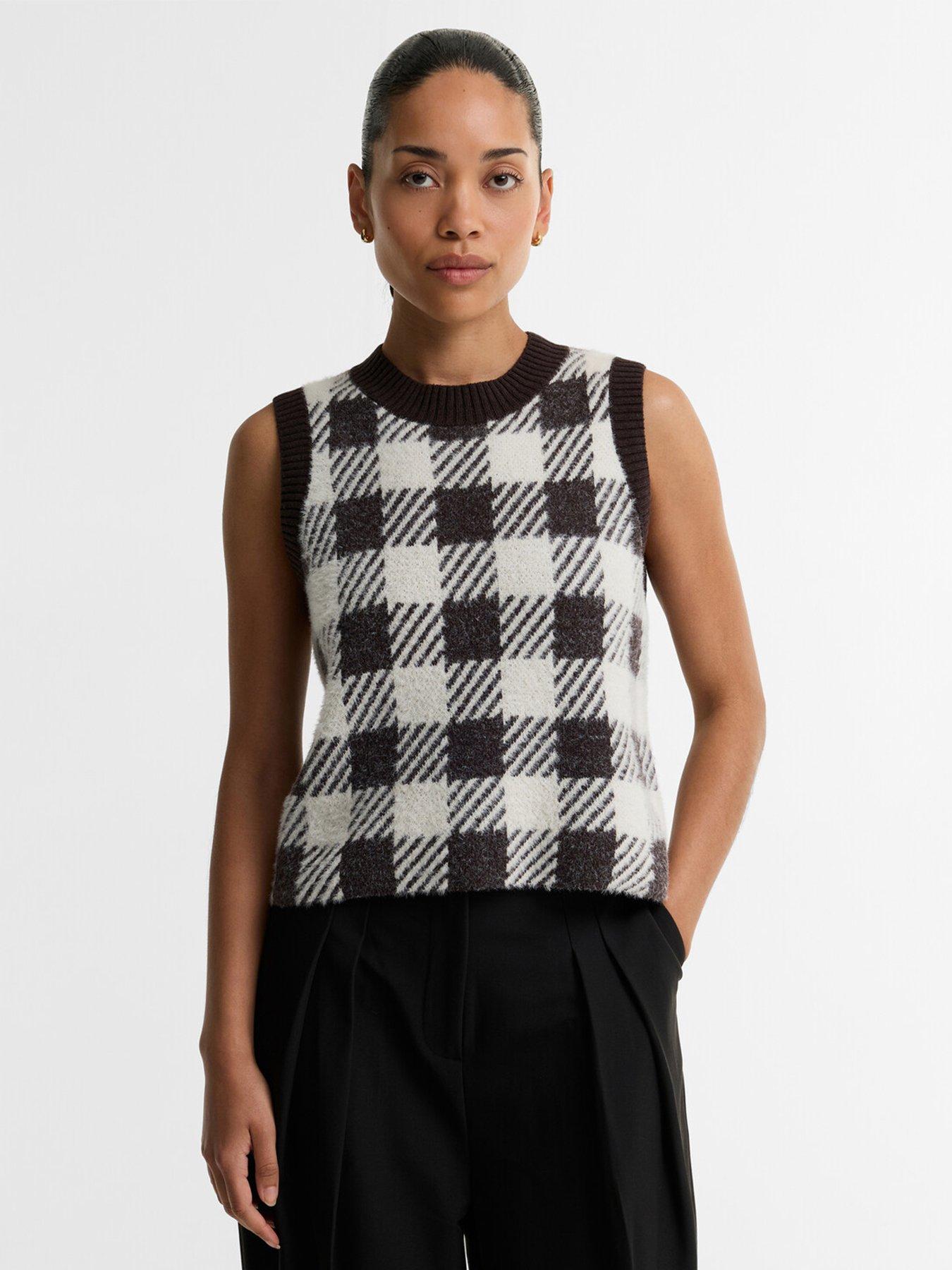 Image 1 of 5 of Barbour International Womens Check Ribbed Neck Knitted Vest - Brown