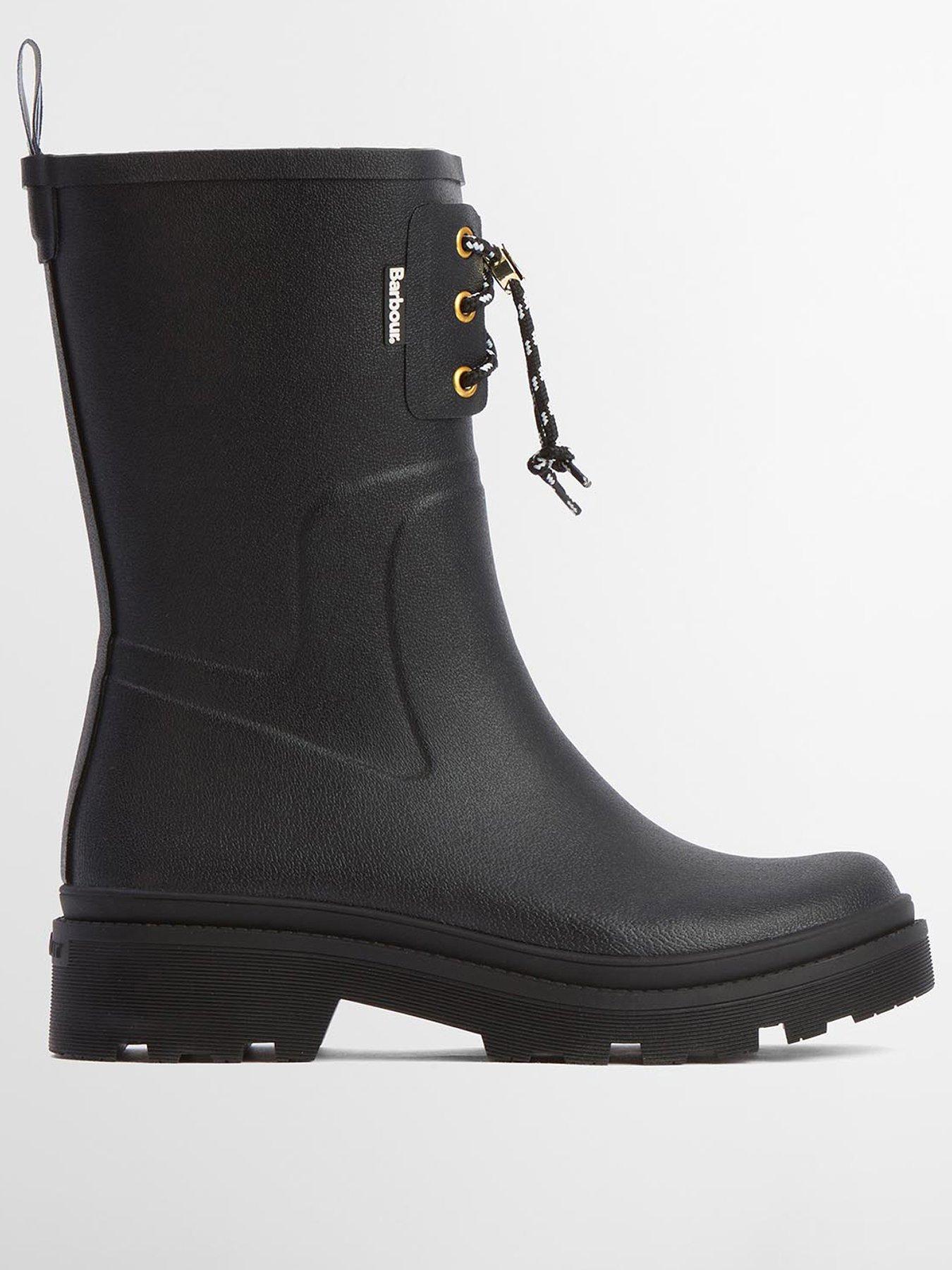 Image 1 of 7 of Barbour Womens Devlin Midi Lace-Front Chunky Sole Wellington Boots - Black