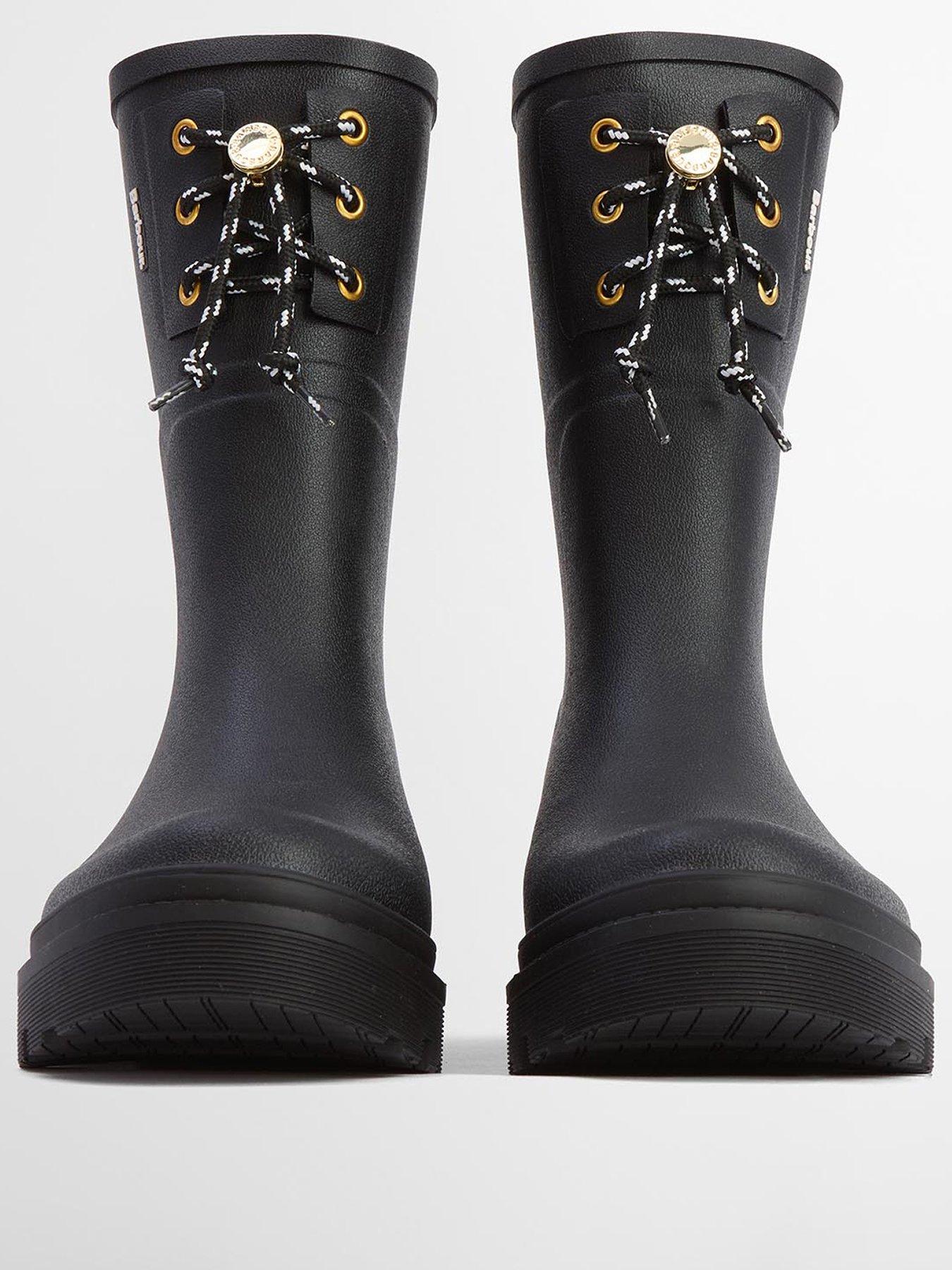 Image 2 of 7 of Barbour Womens Devlin Midi Lace-Front Chunky Sole Wellington Boots - Black