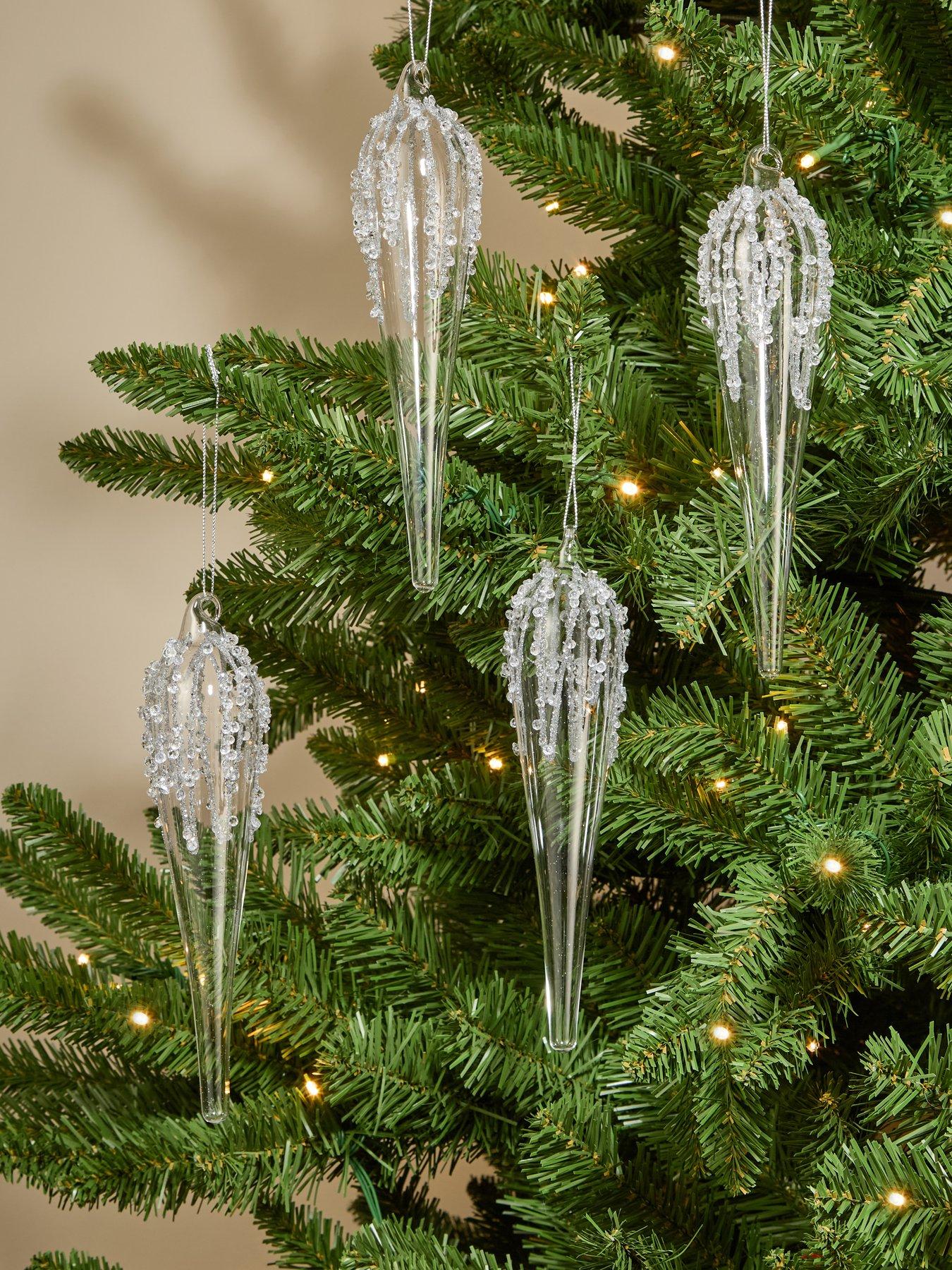 Festive Pack Of 4 Silver/Clear Glass Icicle Christmas Tree Decorations - 20 cm