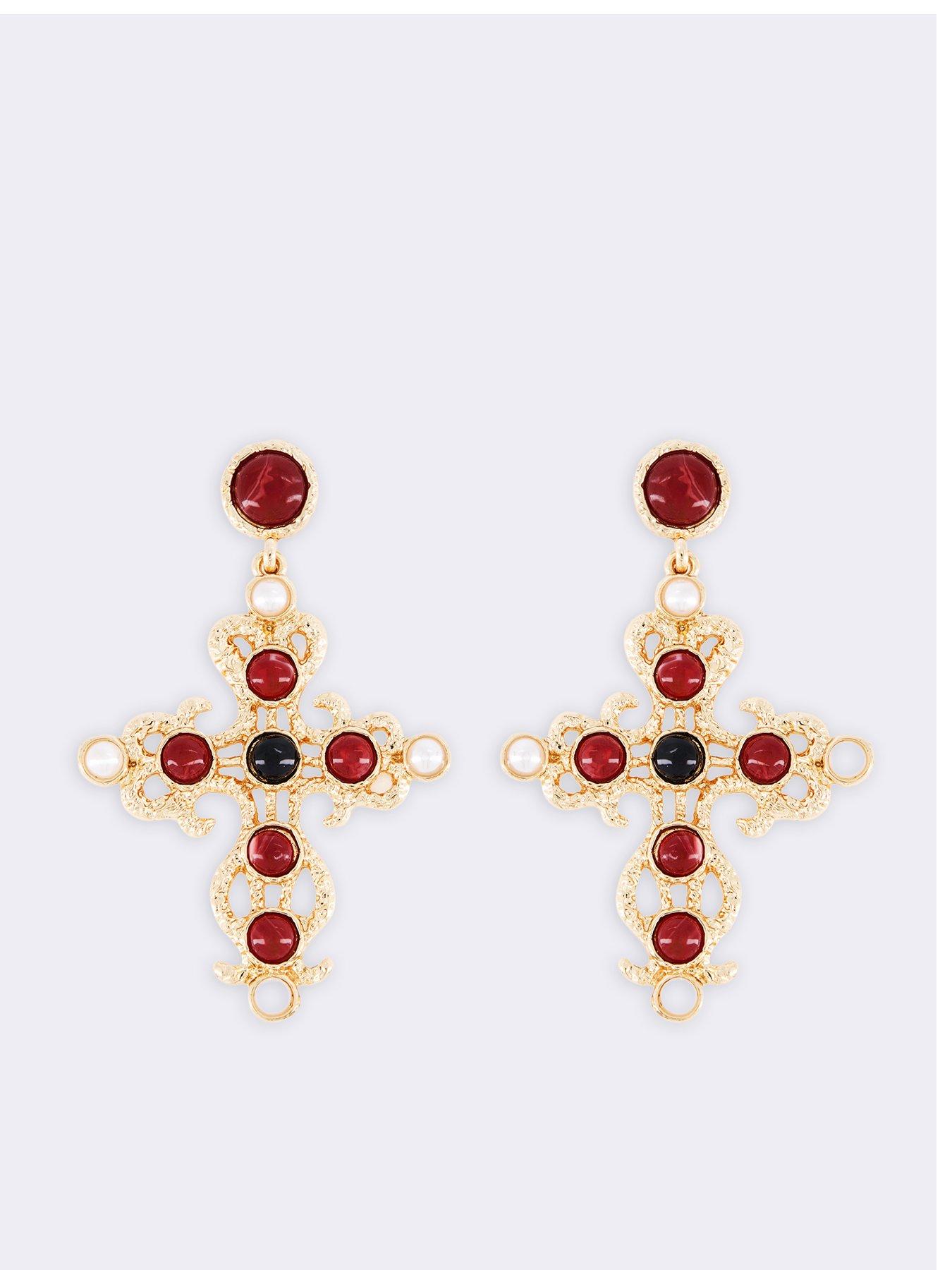 The Very Collection Large Tone Cross Earrings With Stones  &  Pearls - Gold