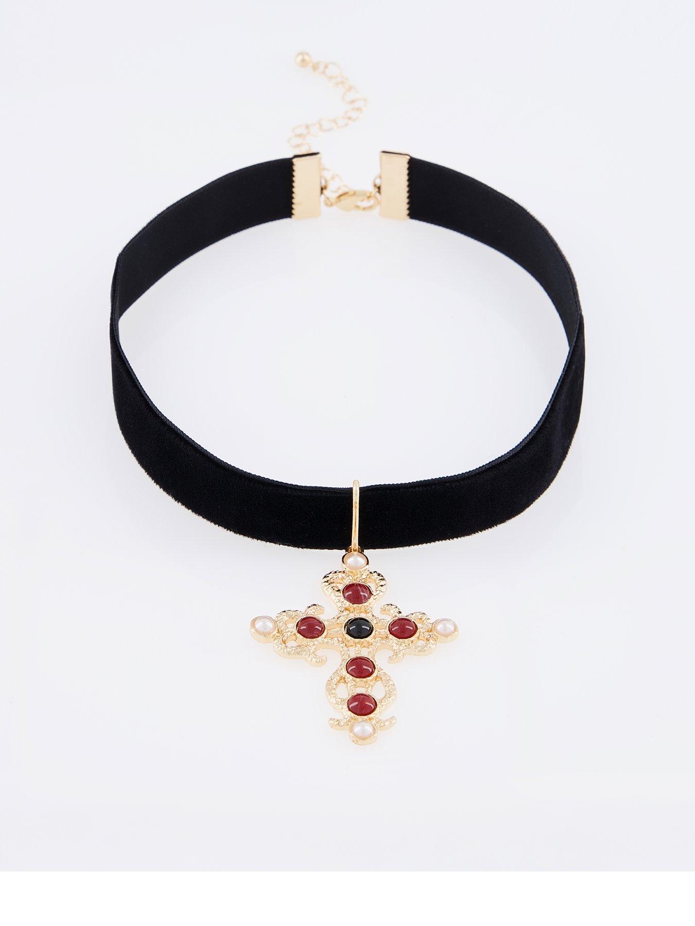 The Very Collection Large Tone Cross Velvet Choker - Gold