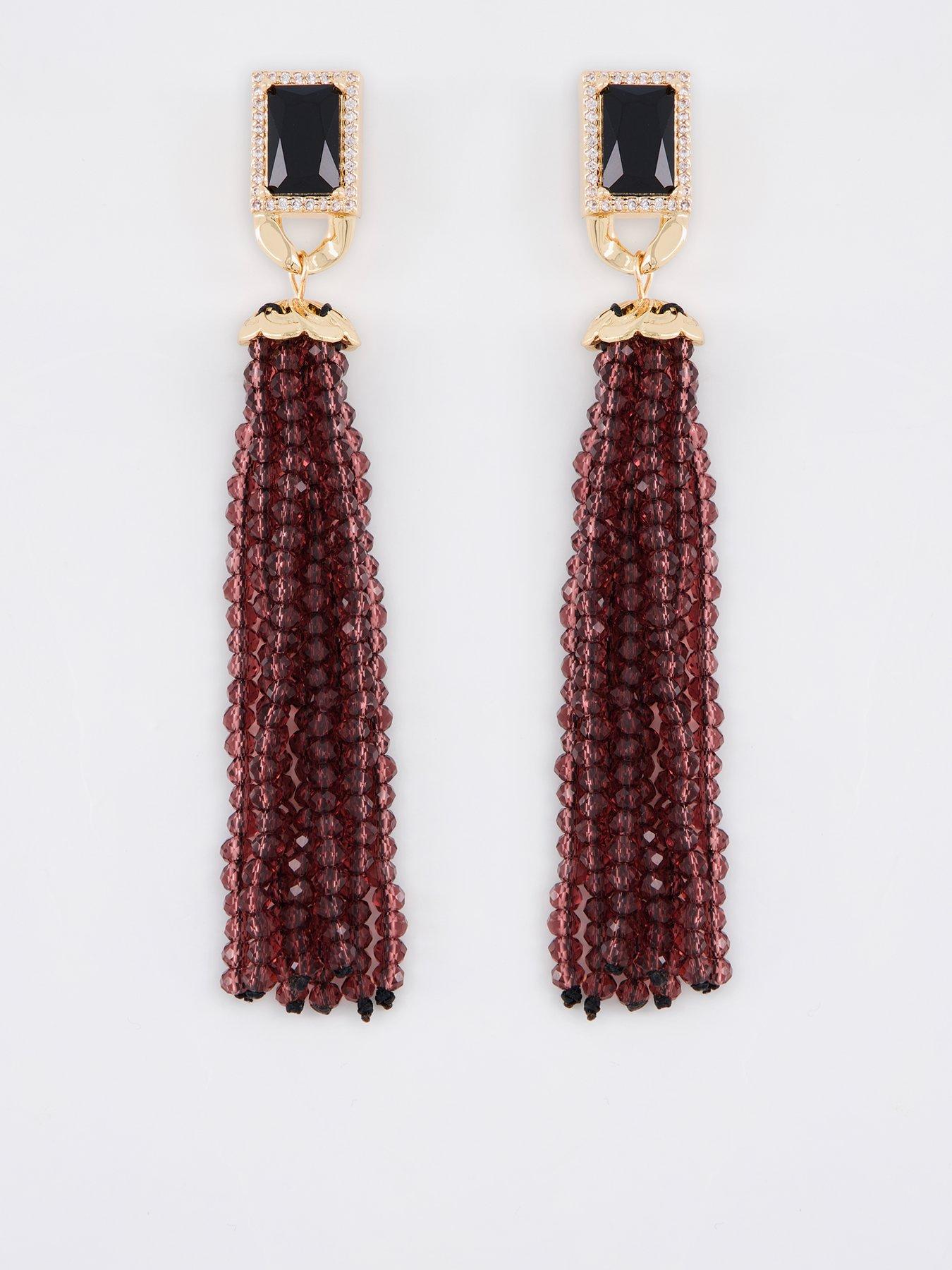 The Very Collection Burgundy Beaded Fringe Drop Earrings - Red