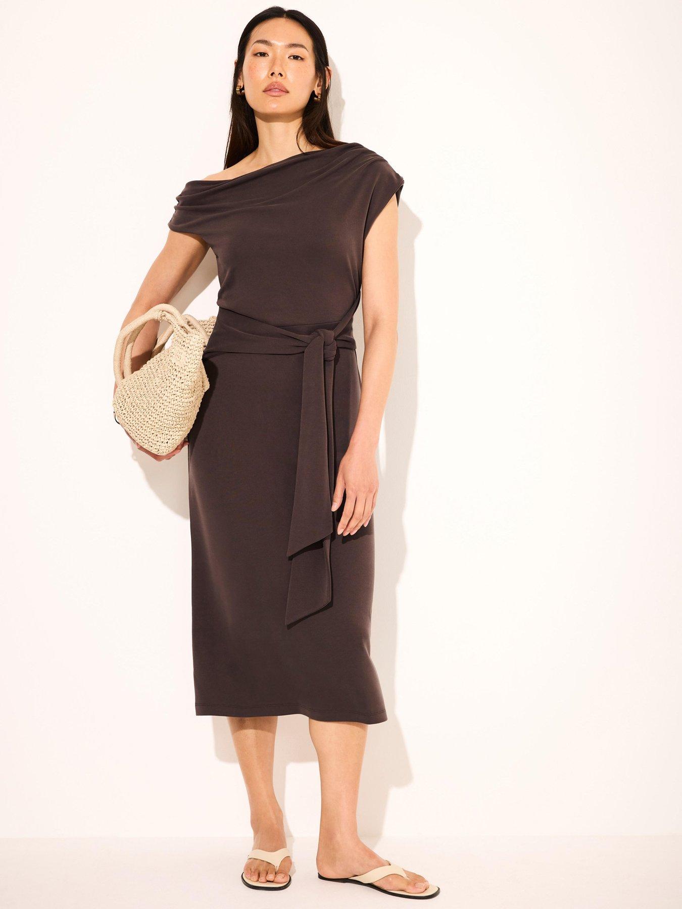 Mint Velvet Choc Cupro Tie Midi Dress, Brown, Size Xl, Women