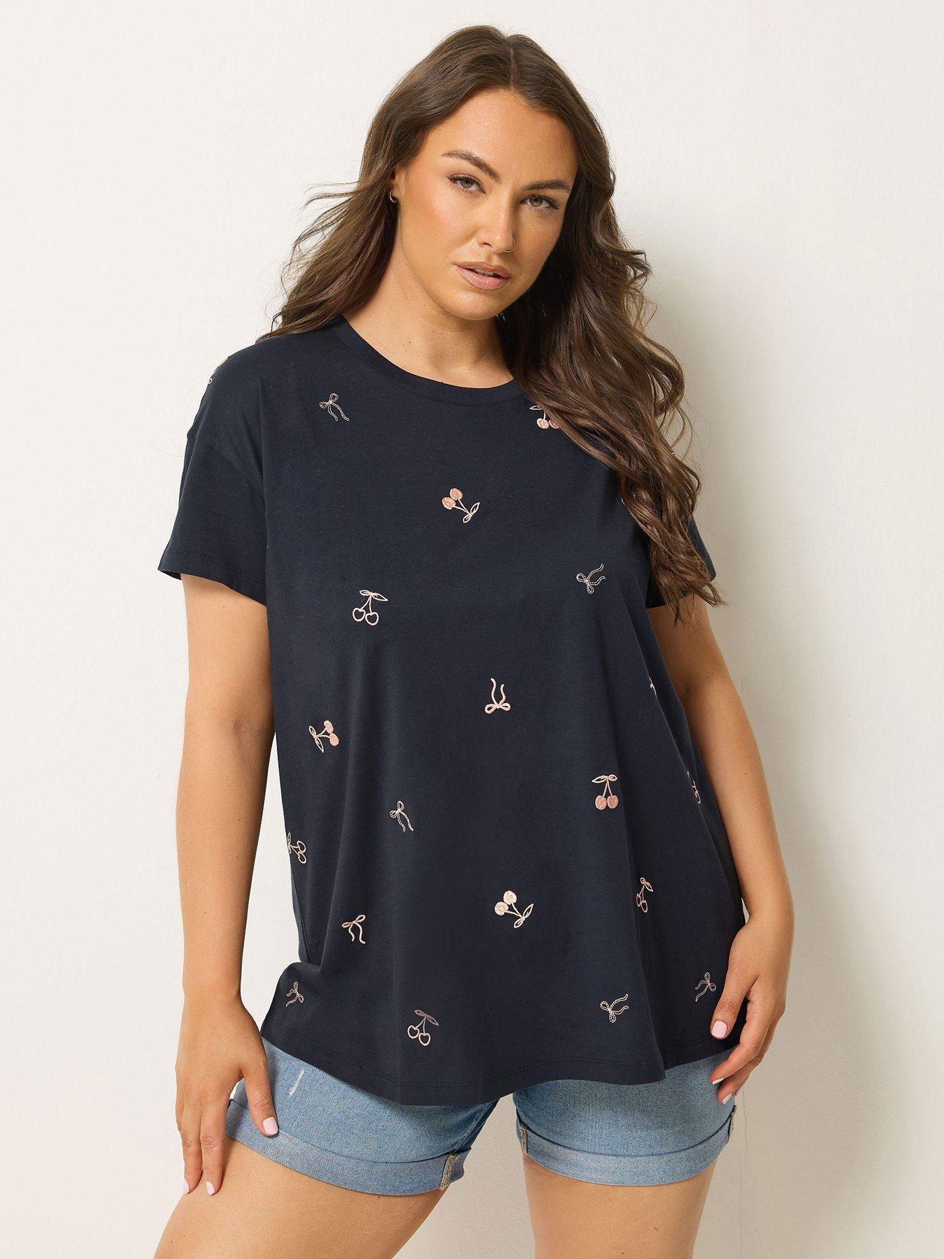 Yours Curve Graphic Regular Crew Neck Tops - Blue