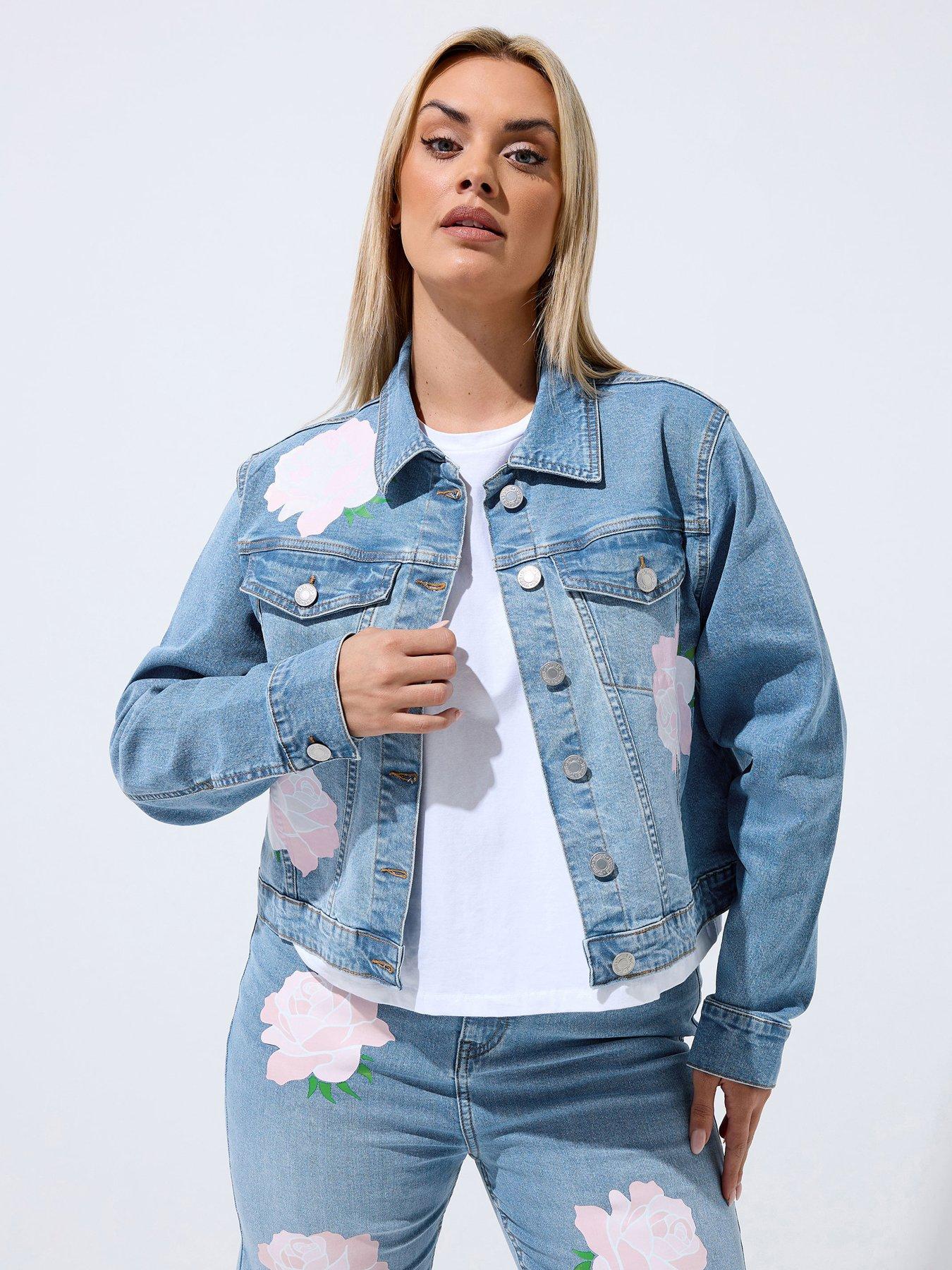 Image 1 of 4 of Yours Curve Rose Printed Denim Jacket - Blue