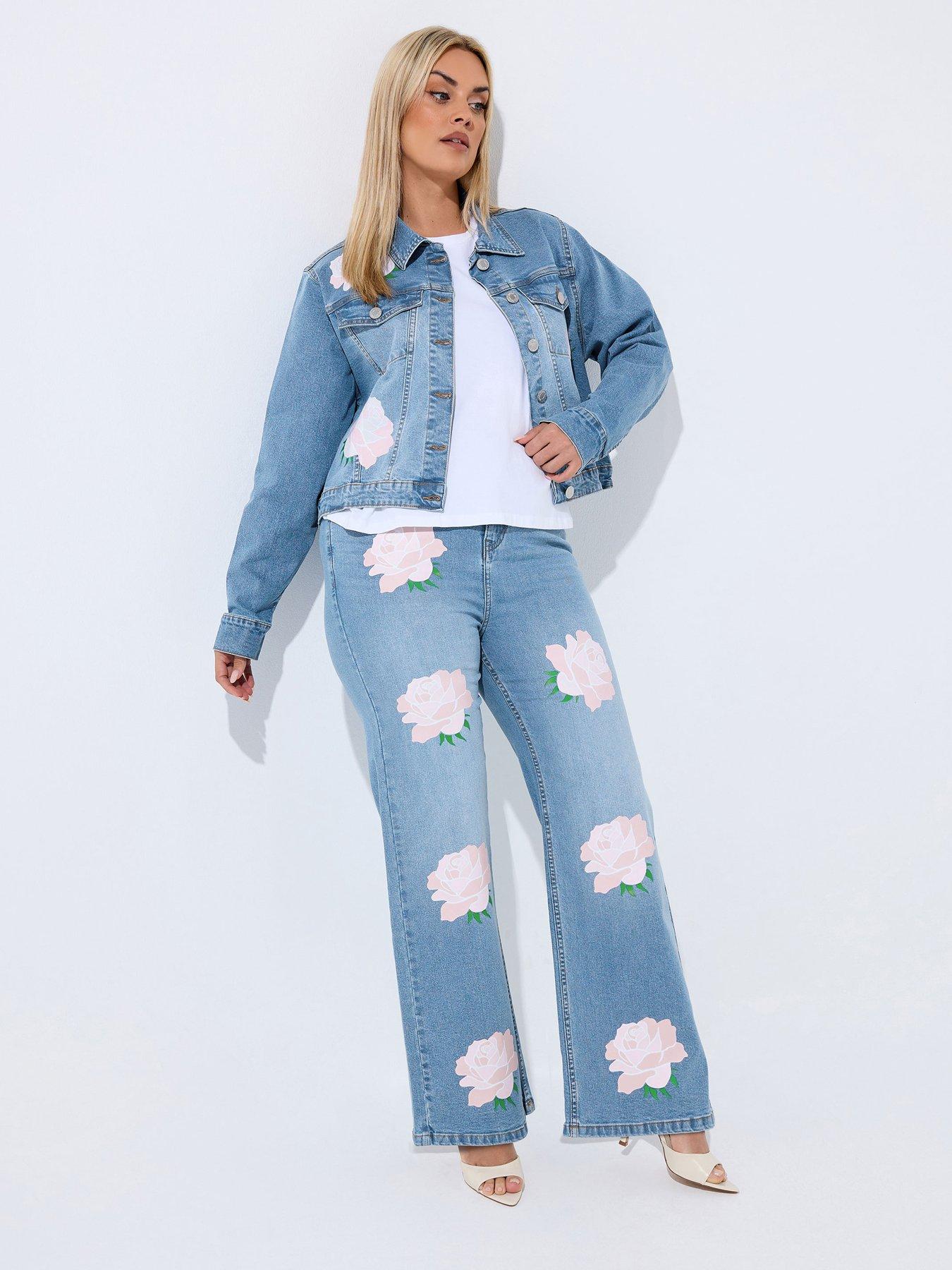 Image 3 of 4 of Yours Curve Rose Printed Denim Jacket - Blue