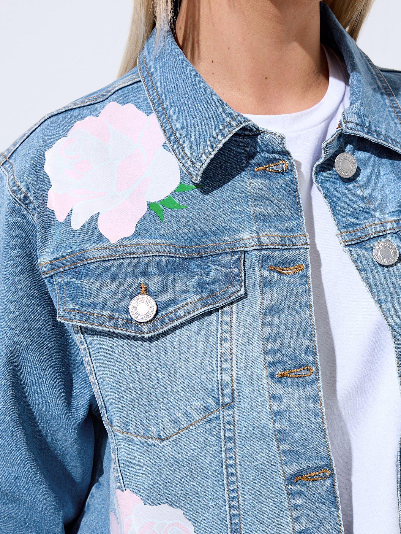 Image 4 of 4 of Yours Curve Rose Printed Denim Jacket - Blue