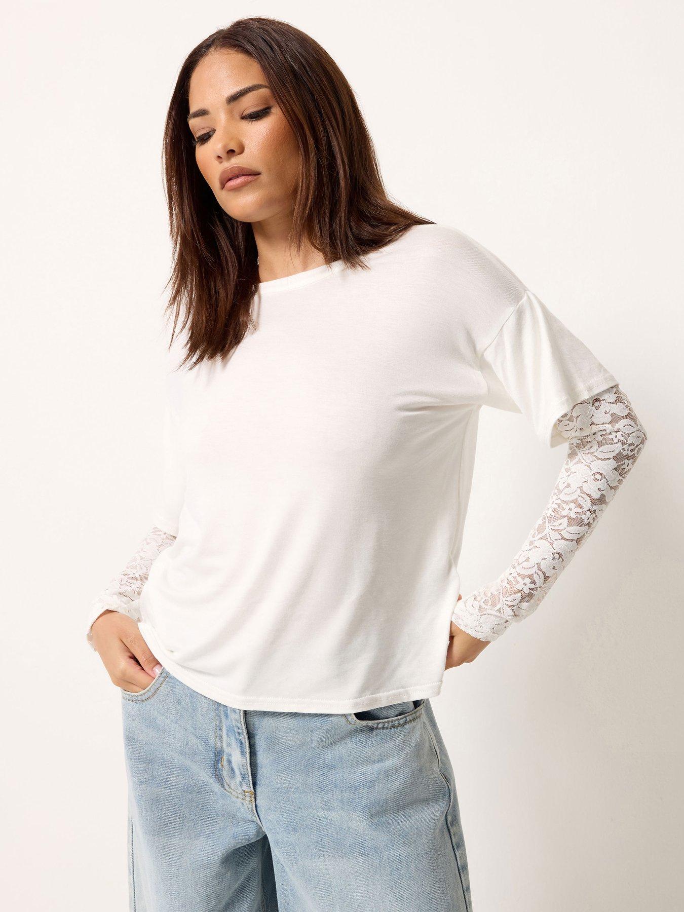Image 1 of 4 of PixieGirl Petite Lace Sleeve T Shirt - White