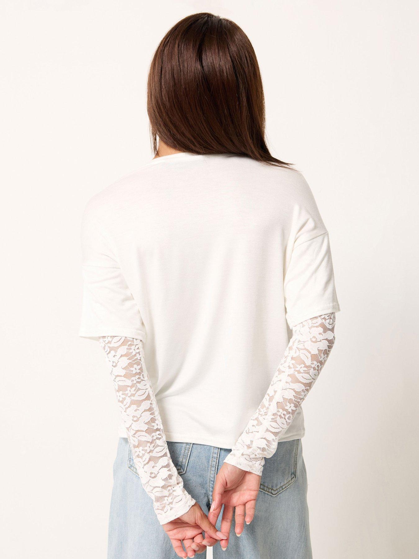 Image 2 of 4 of PixieGirl Petite Lace Sleeve T Shirt - White