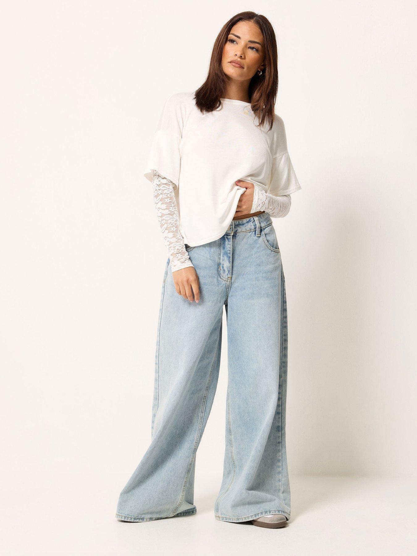 Image 3 of 4 of PixieGirl Petite Lace Sleeve T Shirt - White