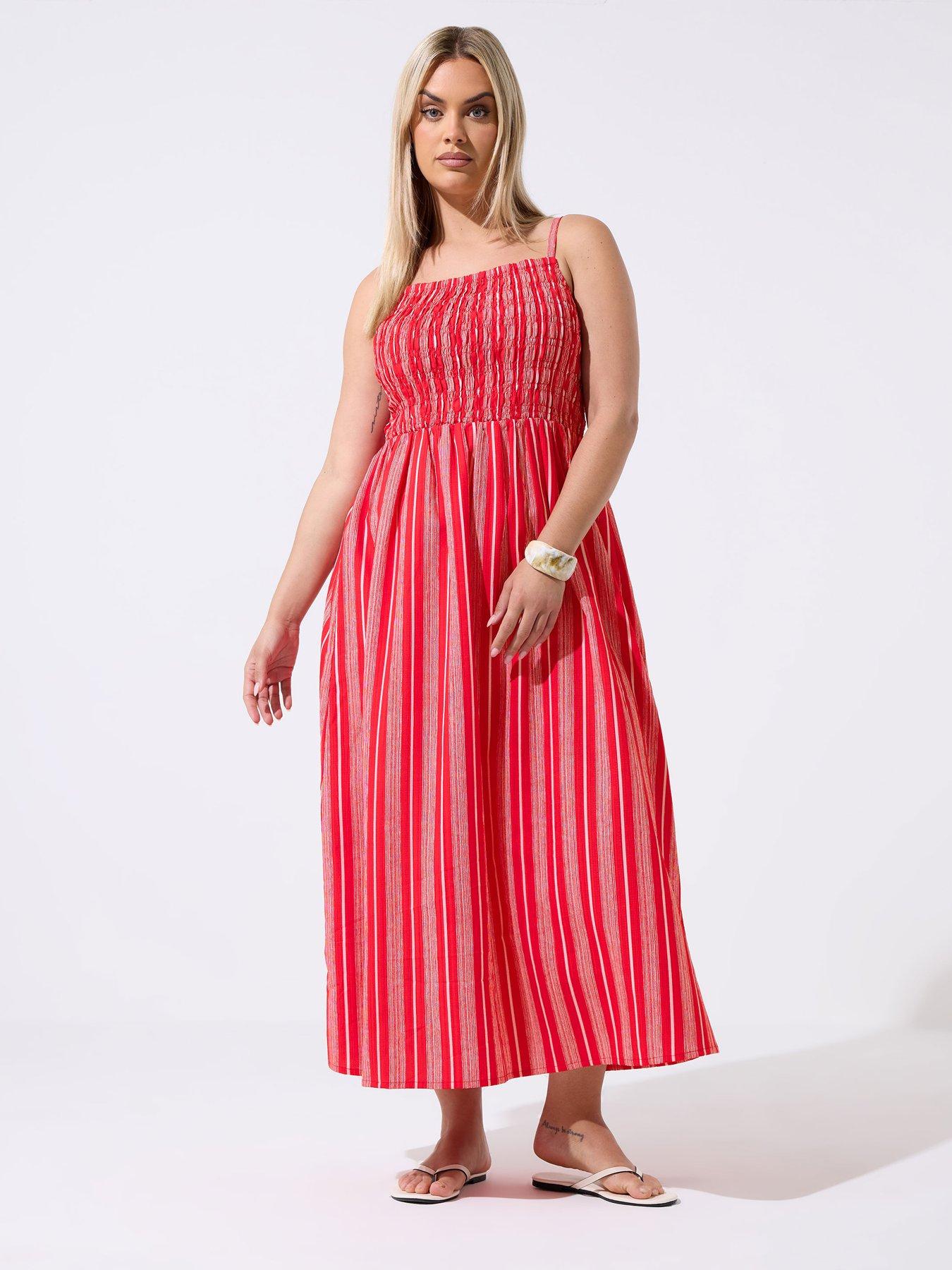 Image 1 of 4 of Yours Curve Shirred Stripe Print Dress - Red