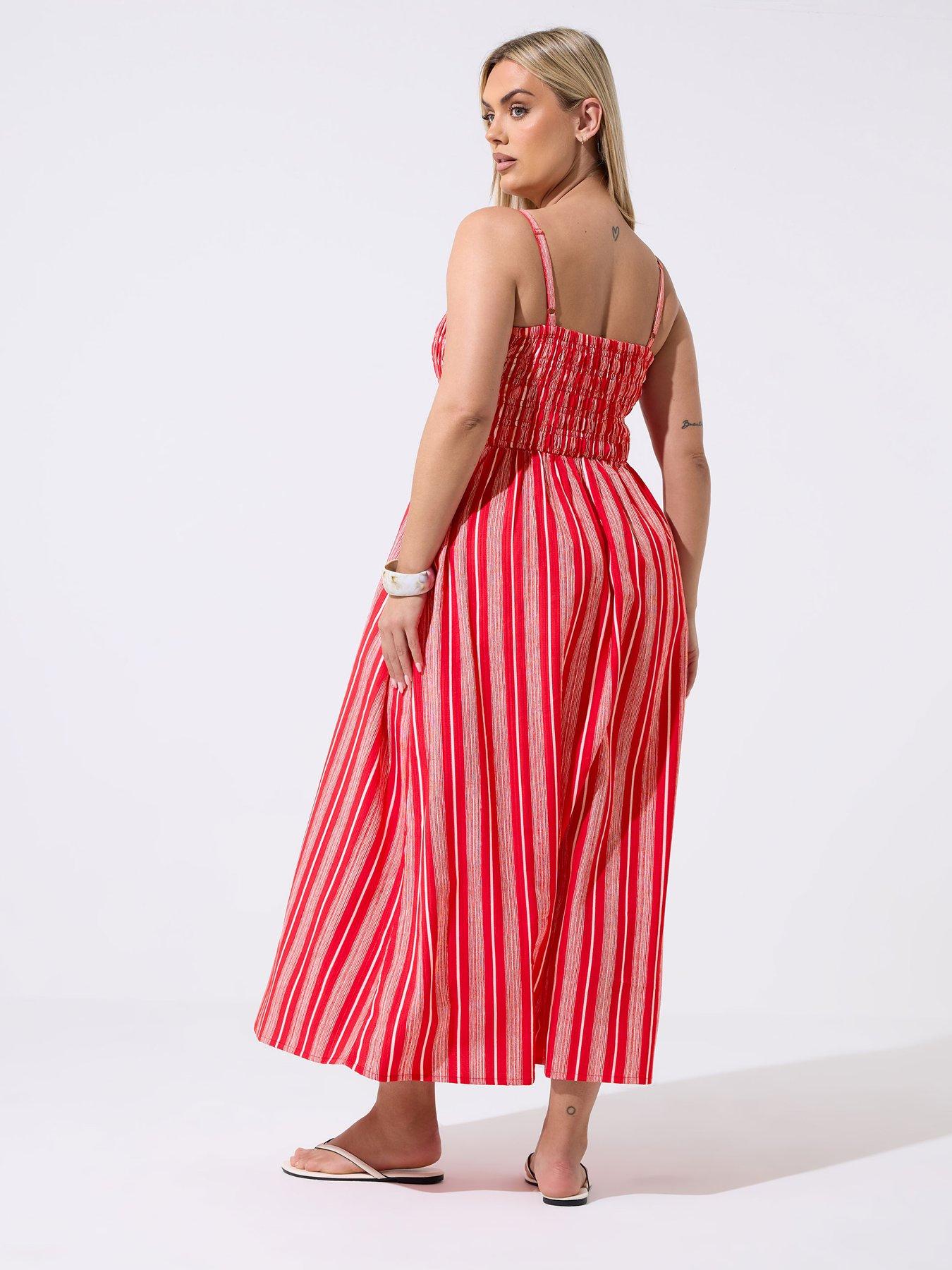 Image 2 of 4 of Yours Curve Shirred Stripe Print Dress - Red