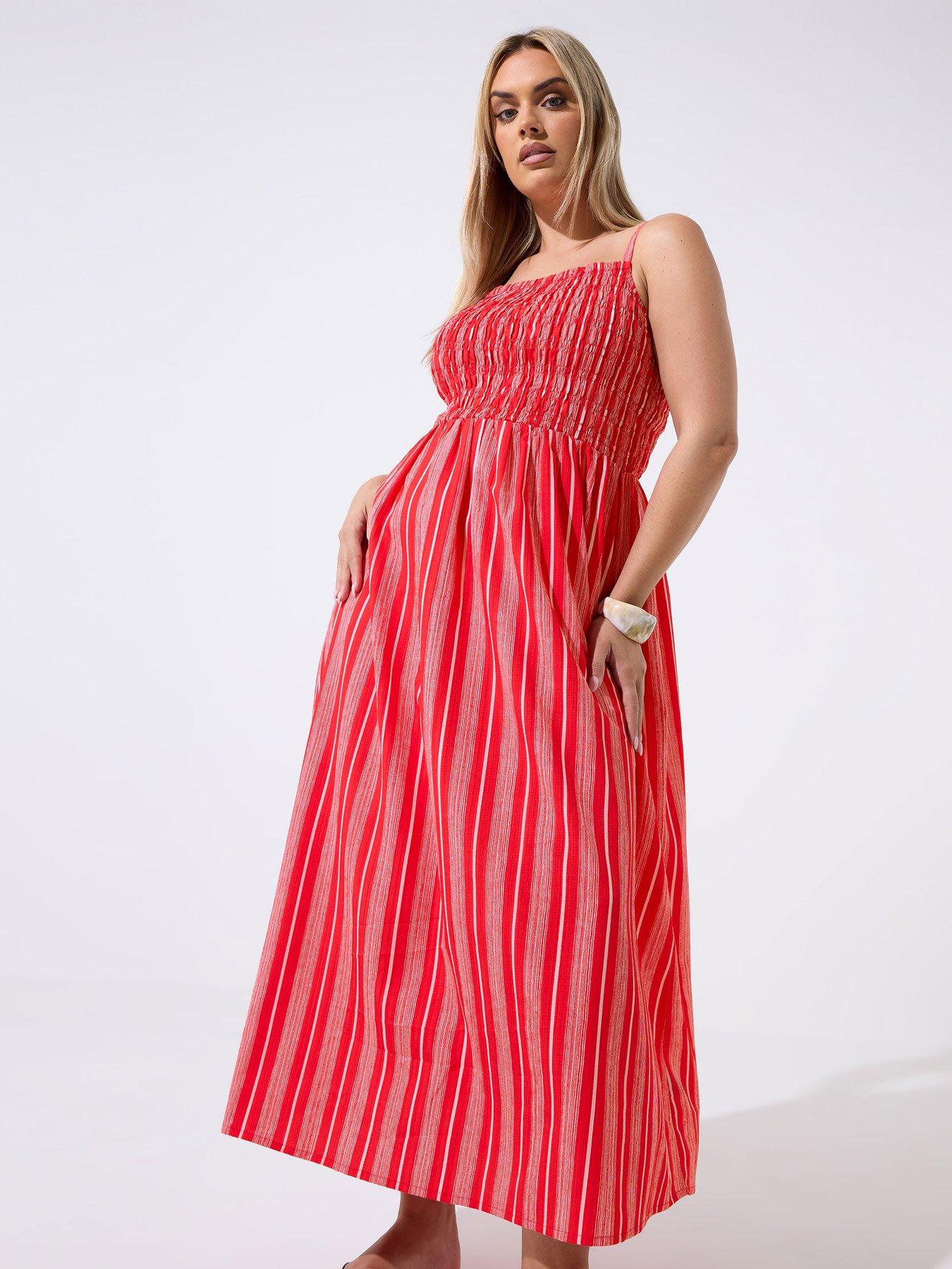 Image 3 of 4 of Yours Curve Shirred Stripe Print Dress - Red