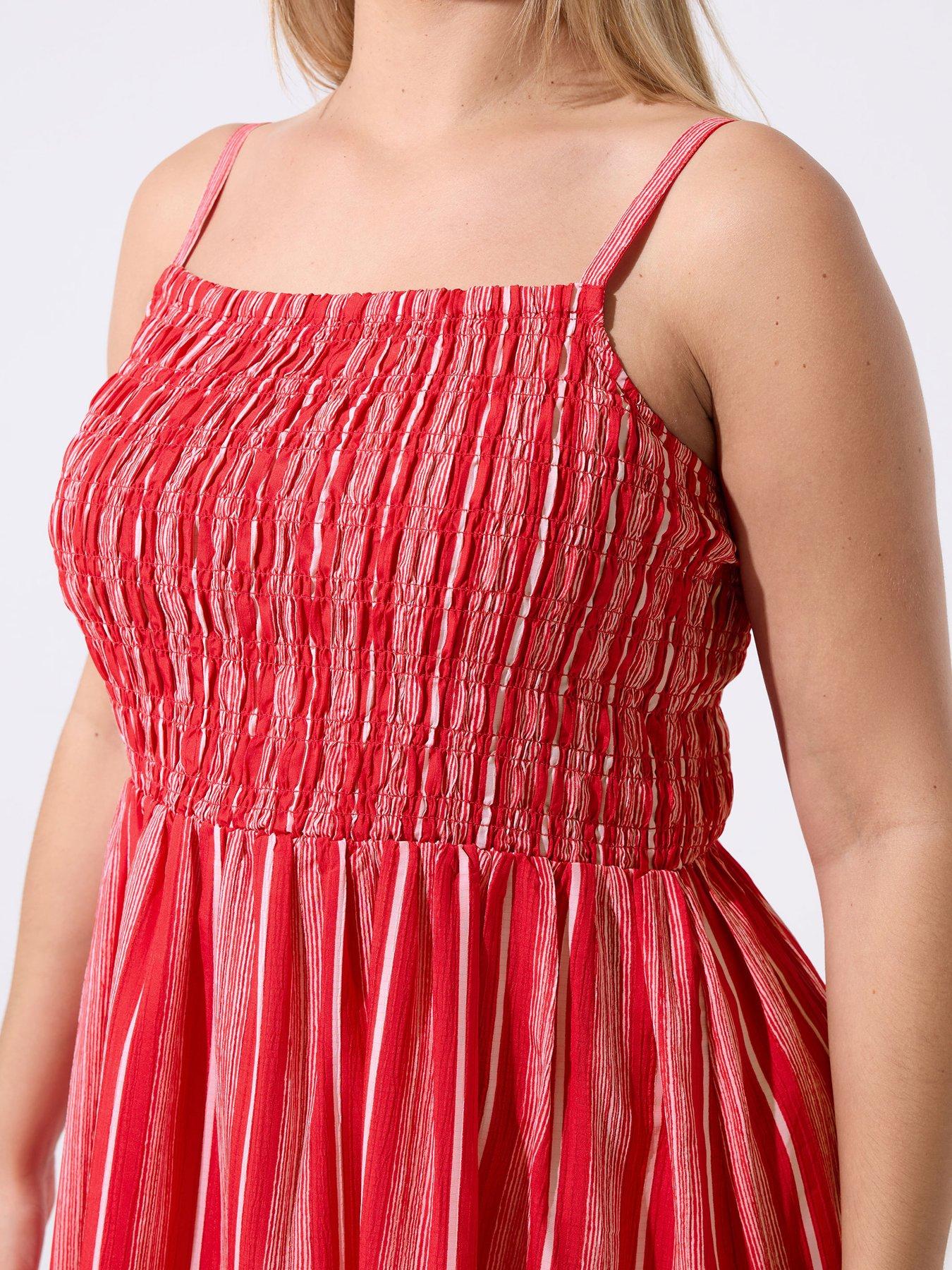Image 4 of 4 of Yours Curve Shirred Stripe Print Dress - Red