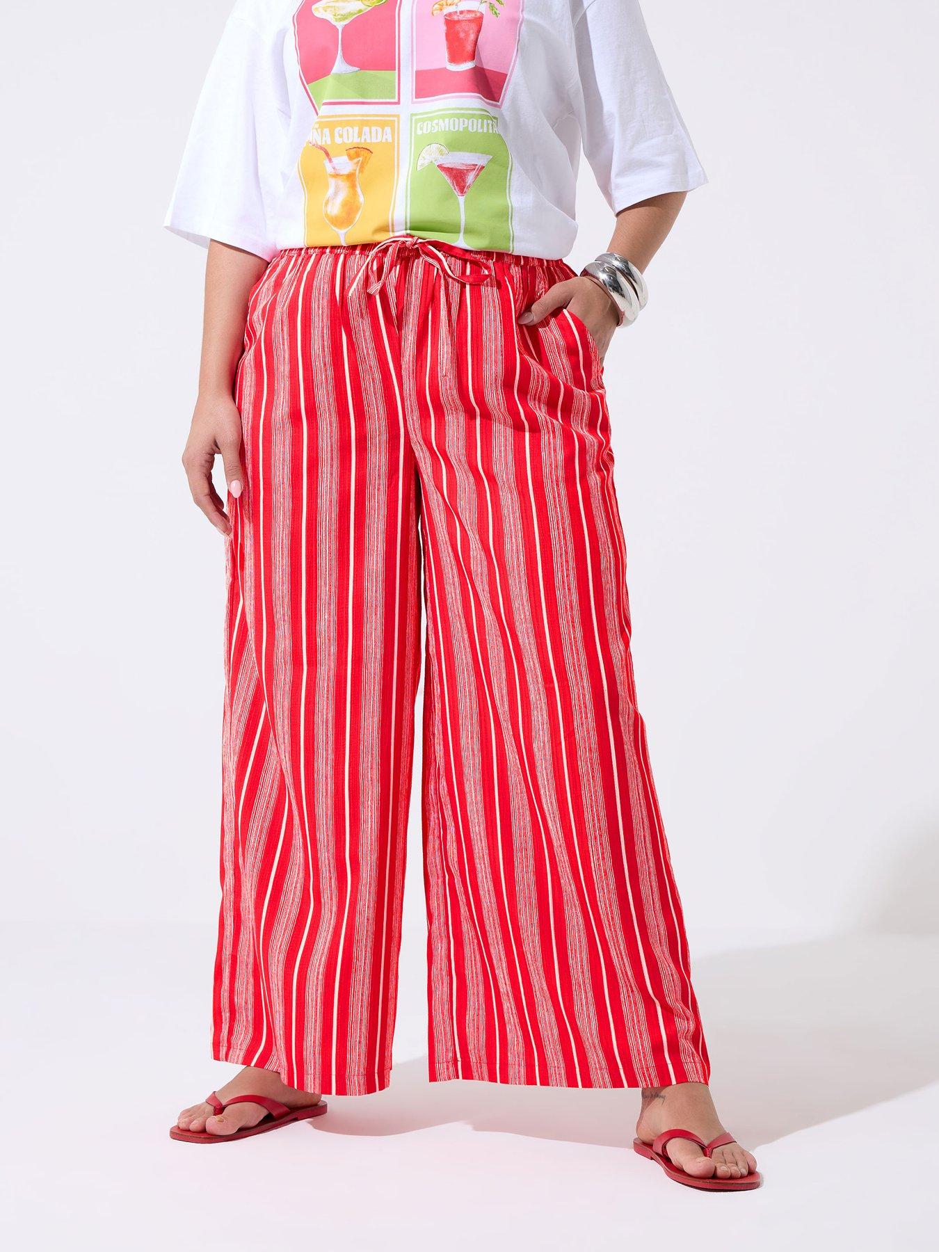 Yours Curve Stripe Print Wide Leg Trousers - Red