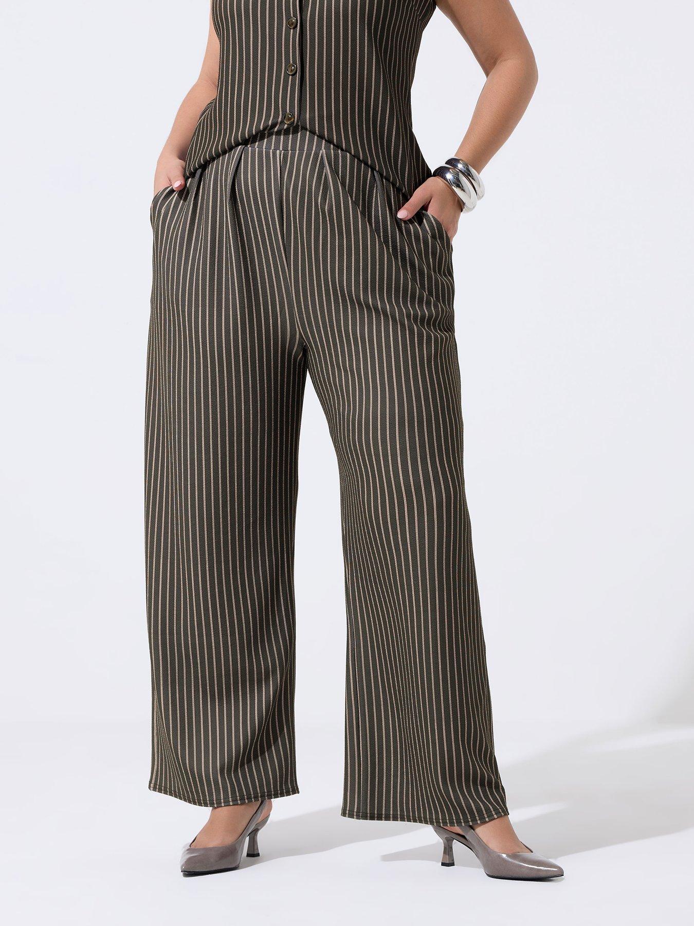 Yours Curve Chocolate Stripe Wide Leg Trousers - Brown