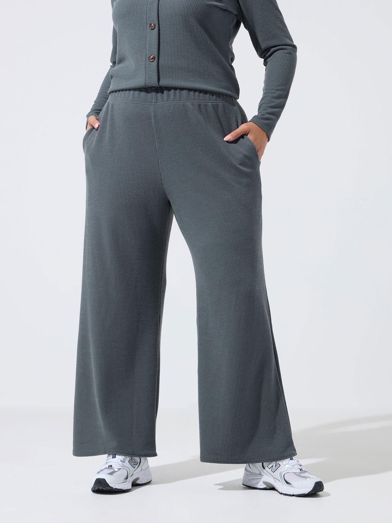 Yours Curve Crinkle Wide Leg Trousers - Grey