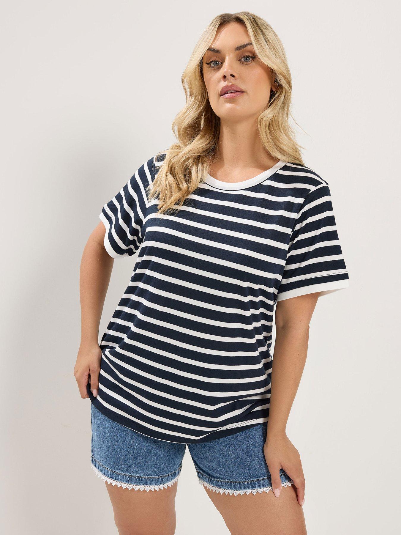 Image 1 of 4 of Yours Curve Stripe Contrast Ringer T-Shirt - Blue