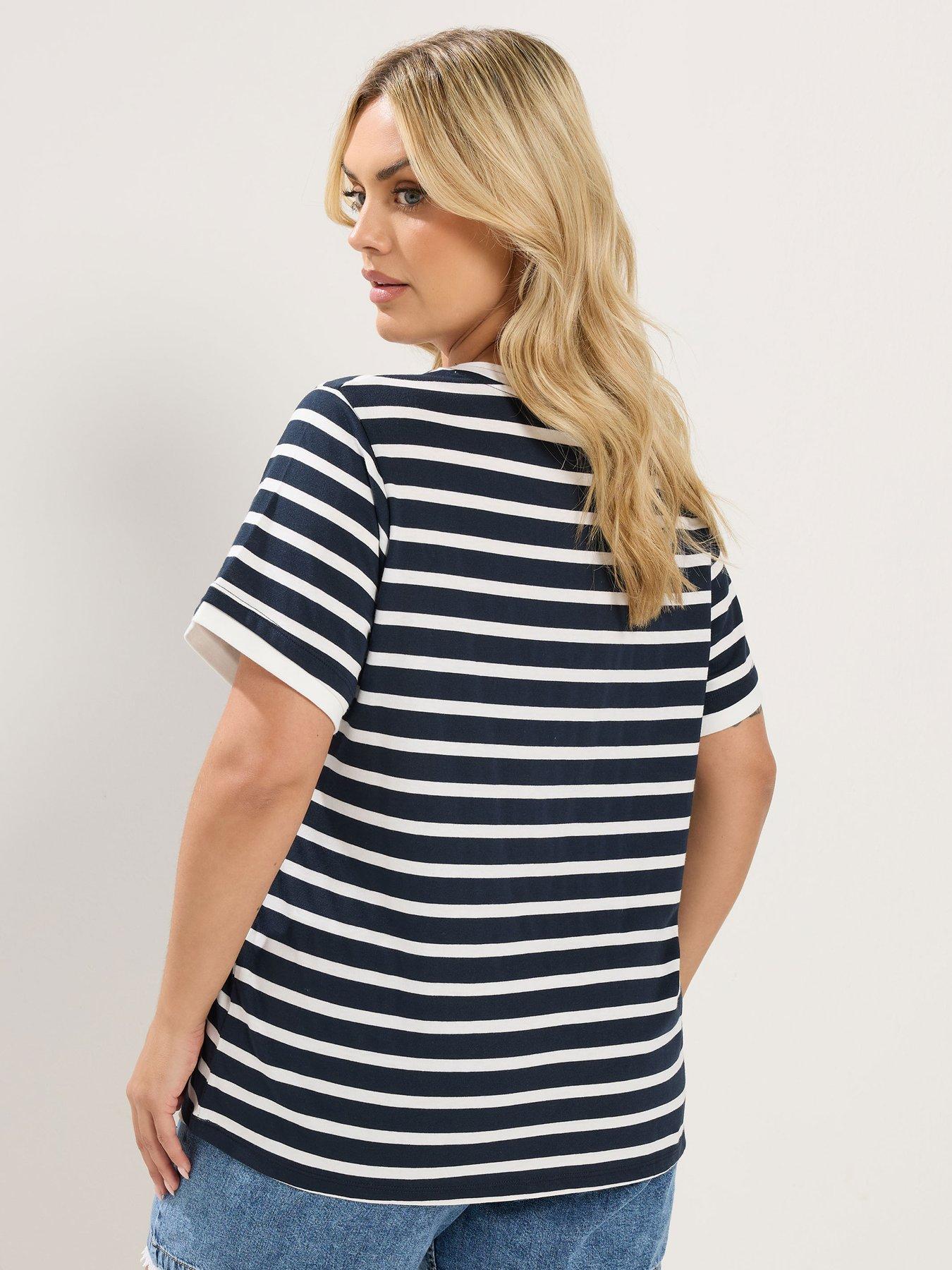 Image 2 of 4 of Yours Curve Stripe Contrast Ringer T-Shirt - Blue