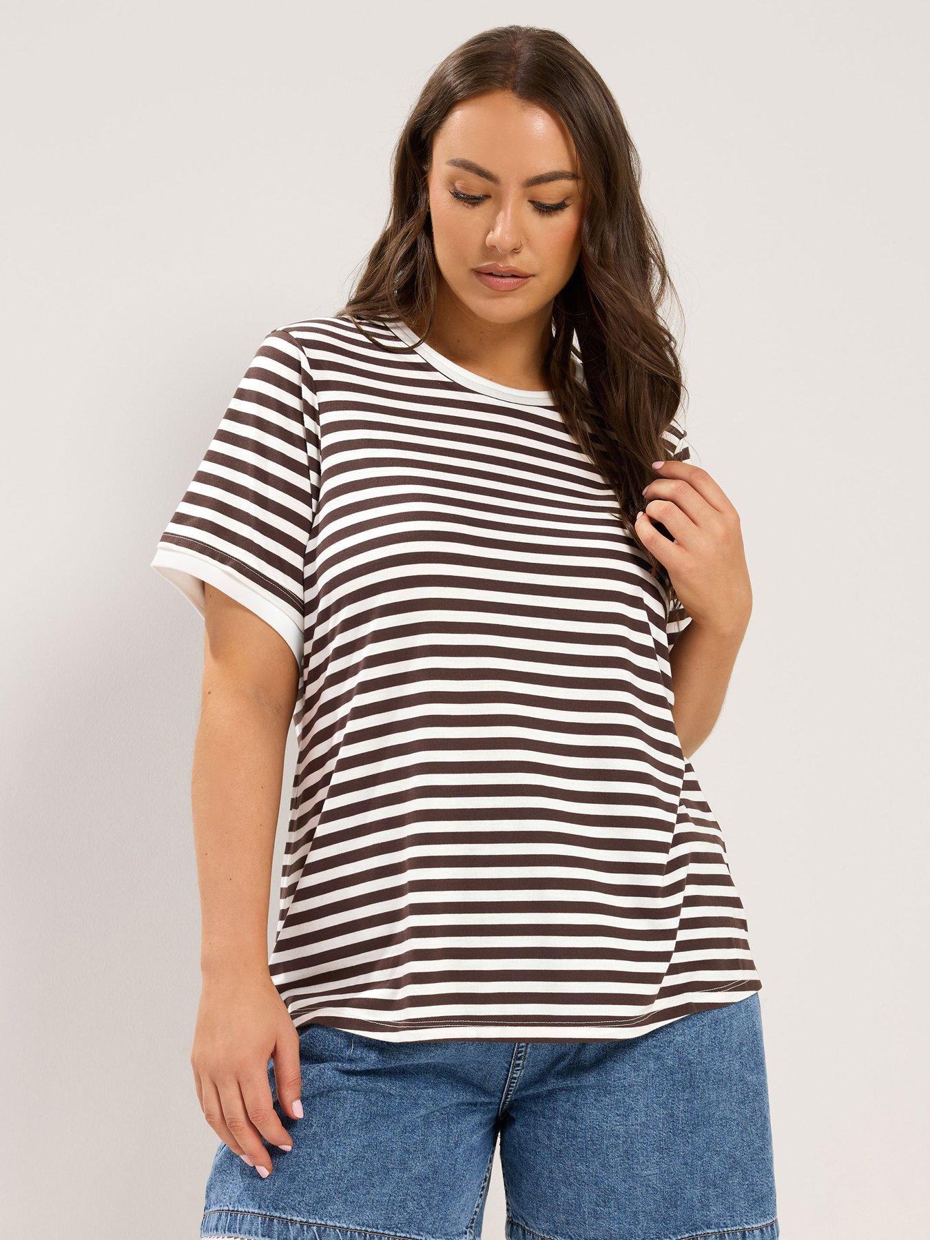 Yours Curve Stripe Ringer T-Shirt - Chocolate Brown