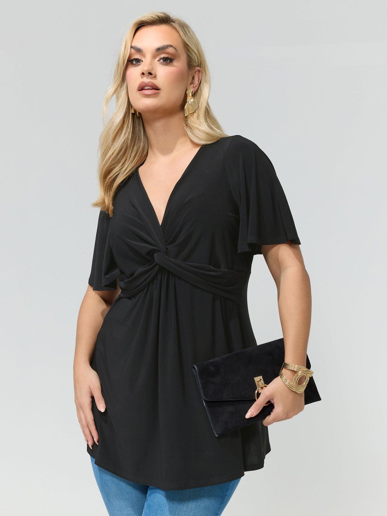 Image 1 of 4 of Yours Curve Angel Sleeve Knot Front Top - Black