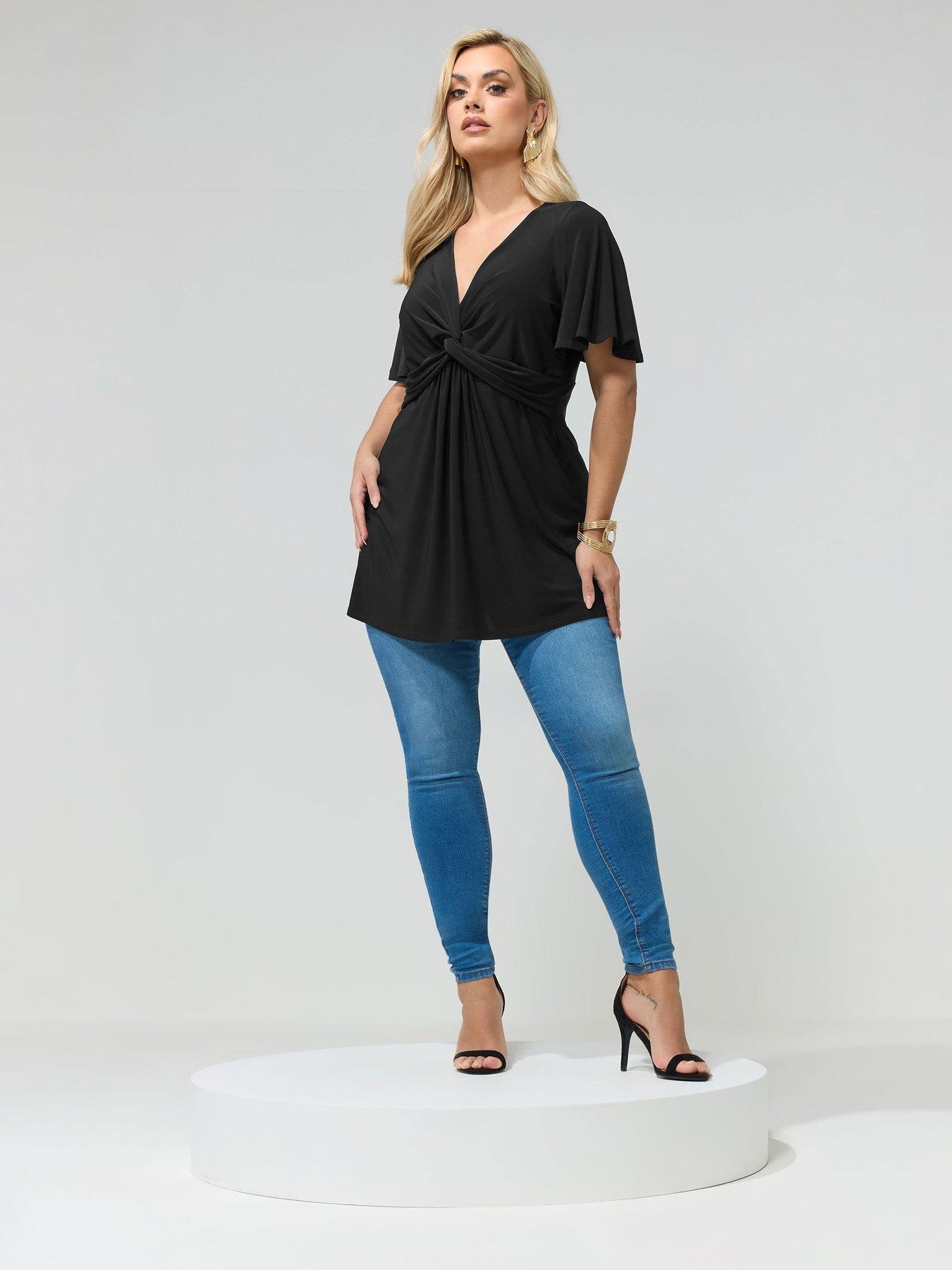 Image 3 of 4 of Yours Curve Angel Sleeve Knot Front Top - Black