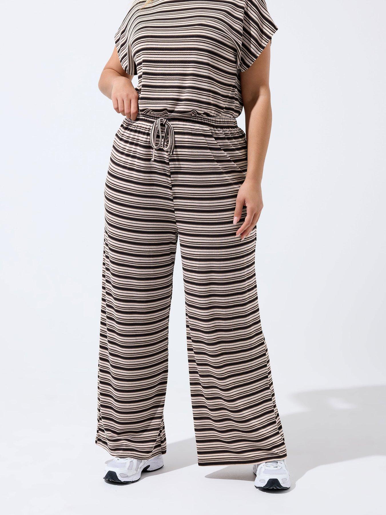 Yours Curve Stripe Ribbed Wide Leg Trousers - Brown