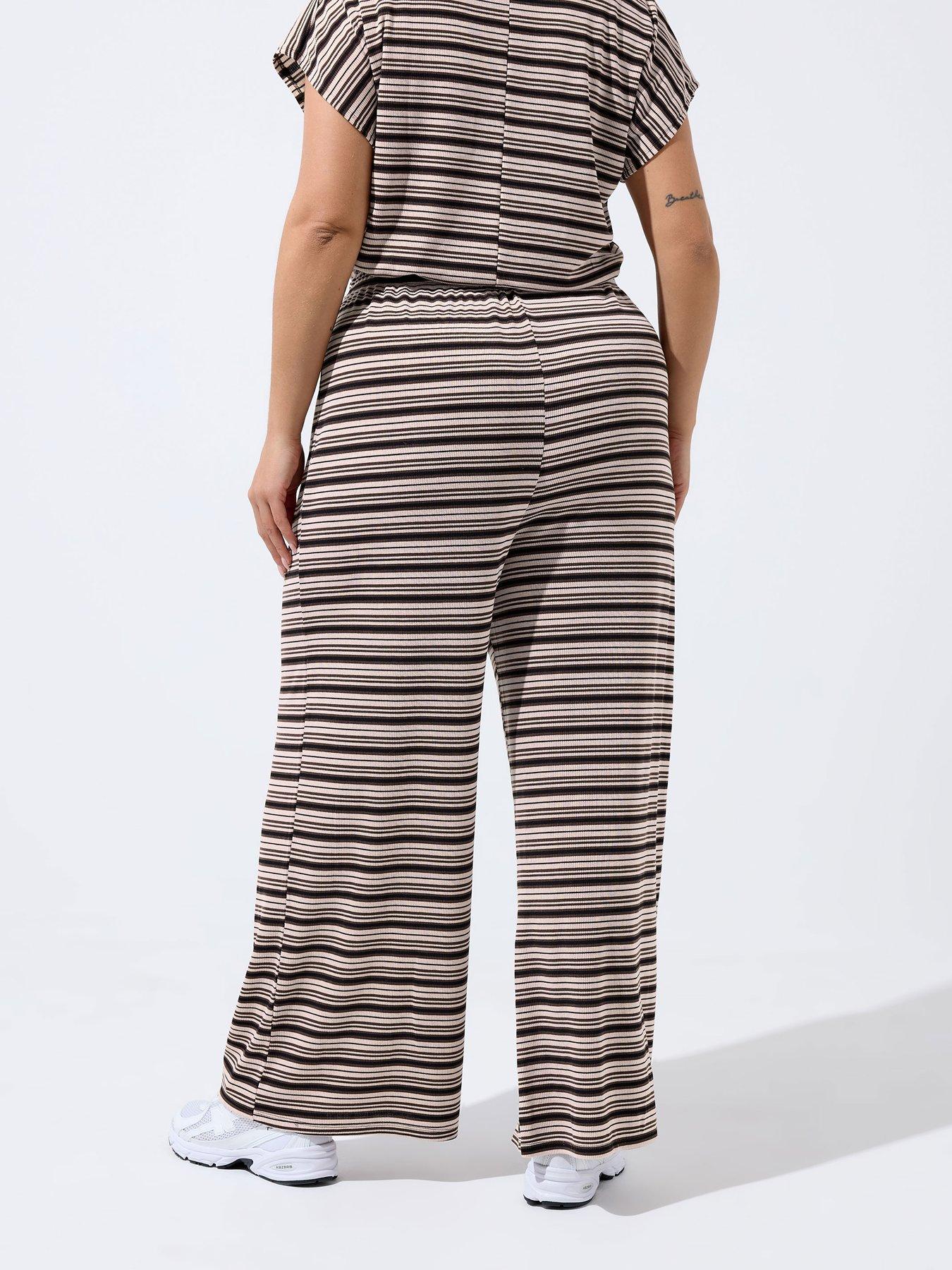 Image 2 of 4 of Yours Curve Stripe Ribbed Wide Leg Trousers - Brown