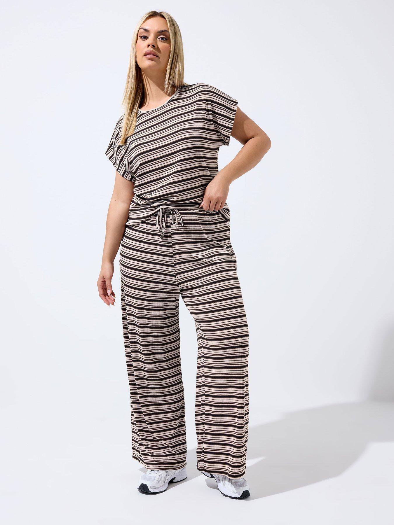 Image 3 of 4 of Yours Curve Stripe Ribbed Wide Leg Trousers - Brown