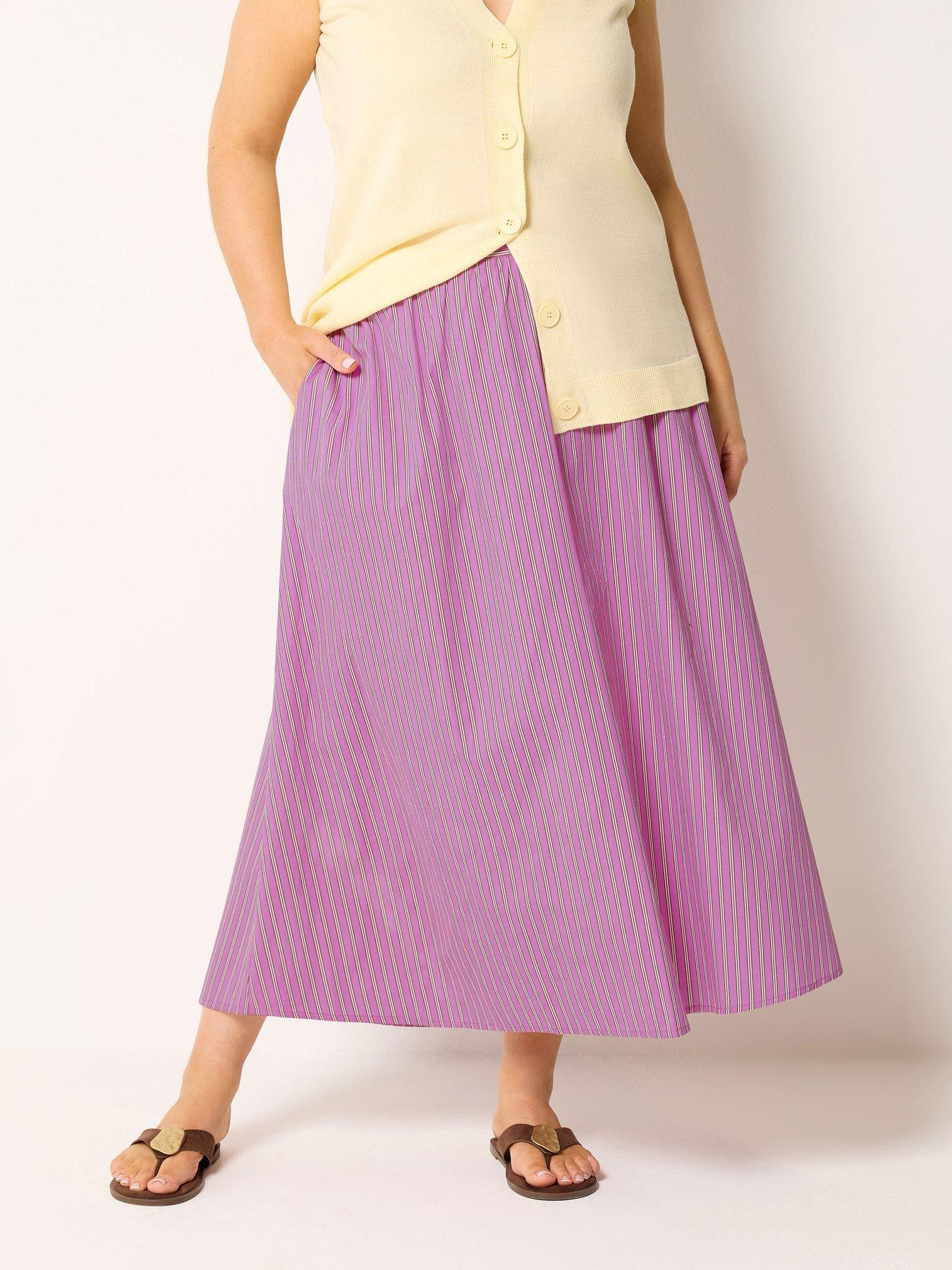 Image 1 of 4 of Yours Curve Stripe Midi Skirt - Pink