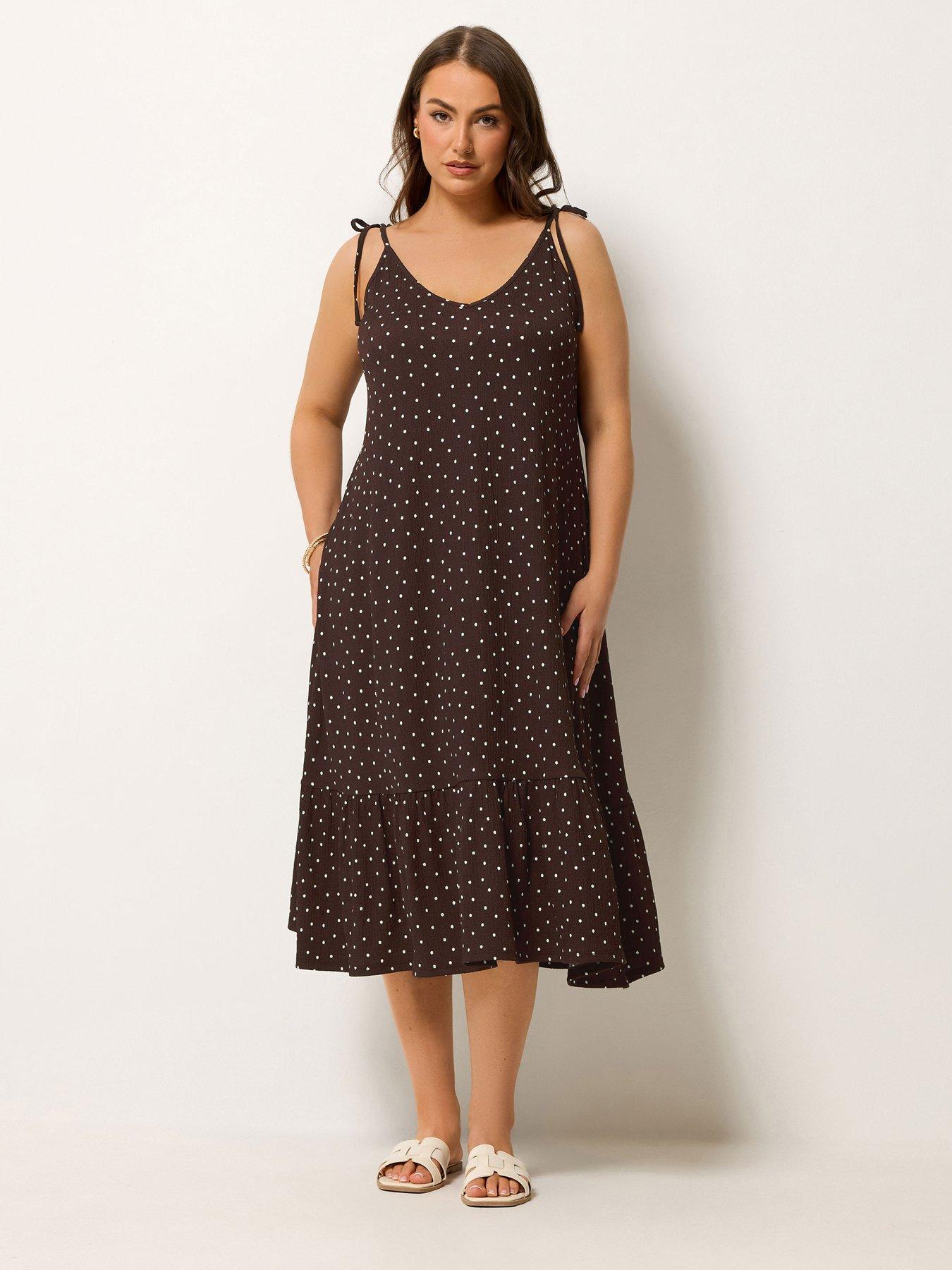 Image 1 of 4 of Yours Curve Polka Dot Tie Sundress - Brown