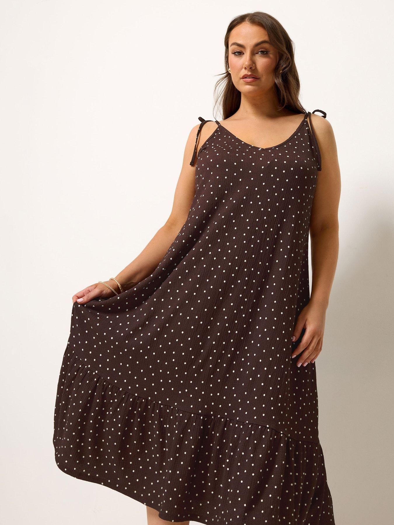 Image 3 of 4 of Yours Curve Polka Dot Tie Sundress - Brown